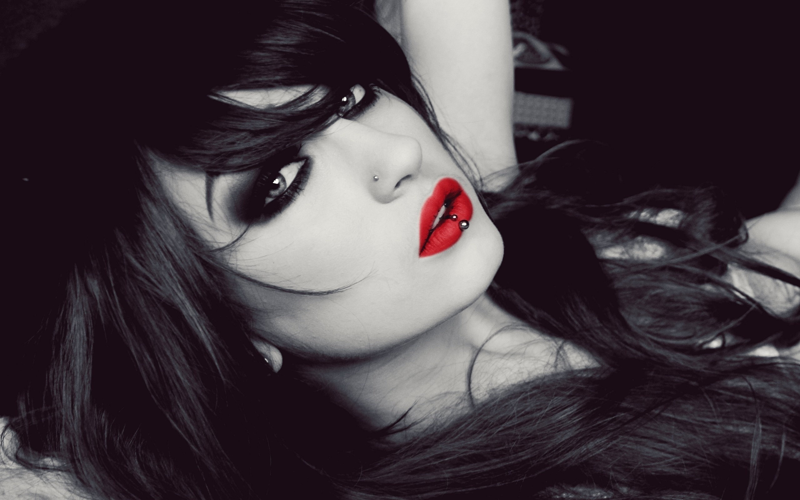 People 2560x1600 Niky Von Macabre women model long hair smoky eyes red lipstick lipstick looking at viewer pierced nose pierced lip Fetish Model closeup indoors women indoors selective coloring face hair in face portrait piercing parted lips