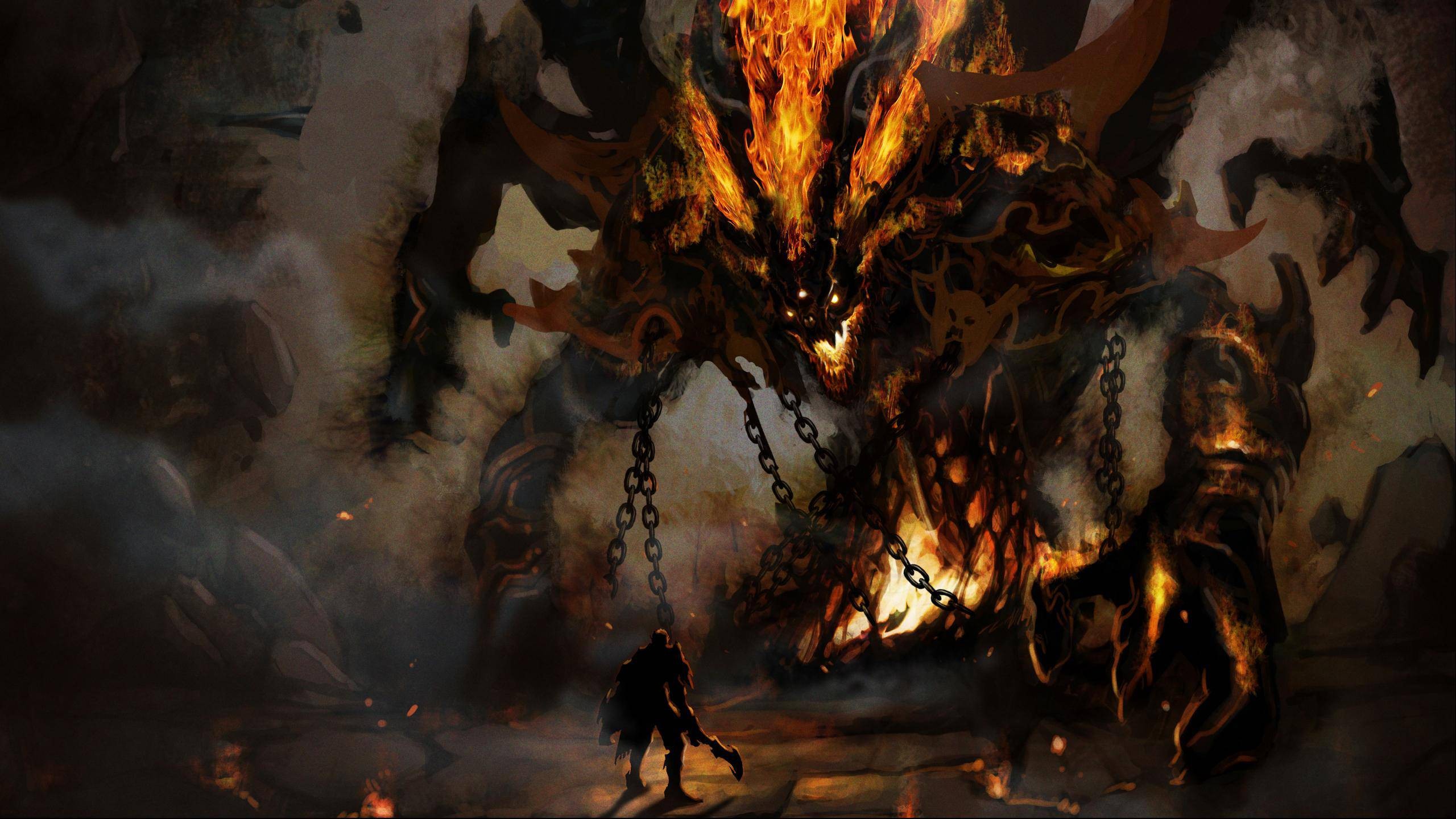 General 2560x1440 digital art fantasy art artwork Balrog demon creature glowing eyes fire