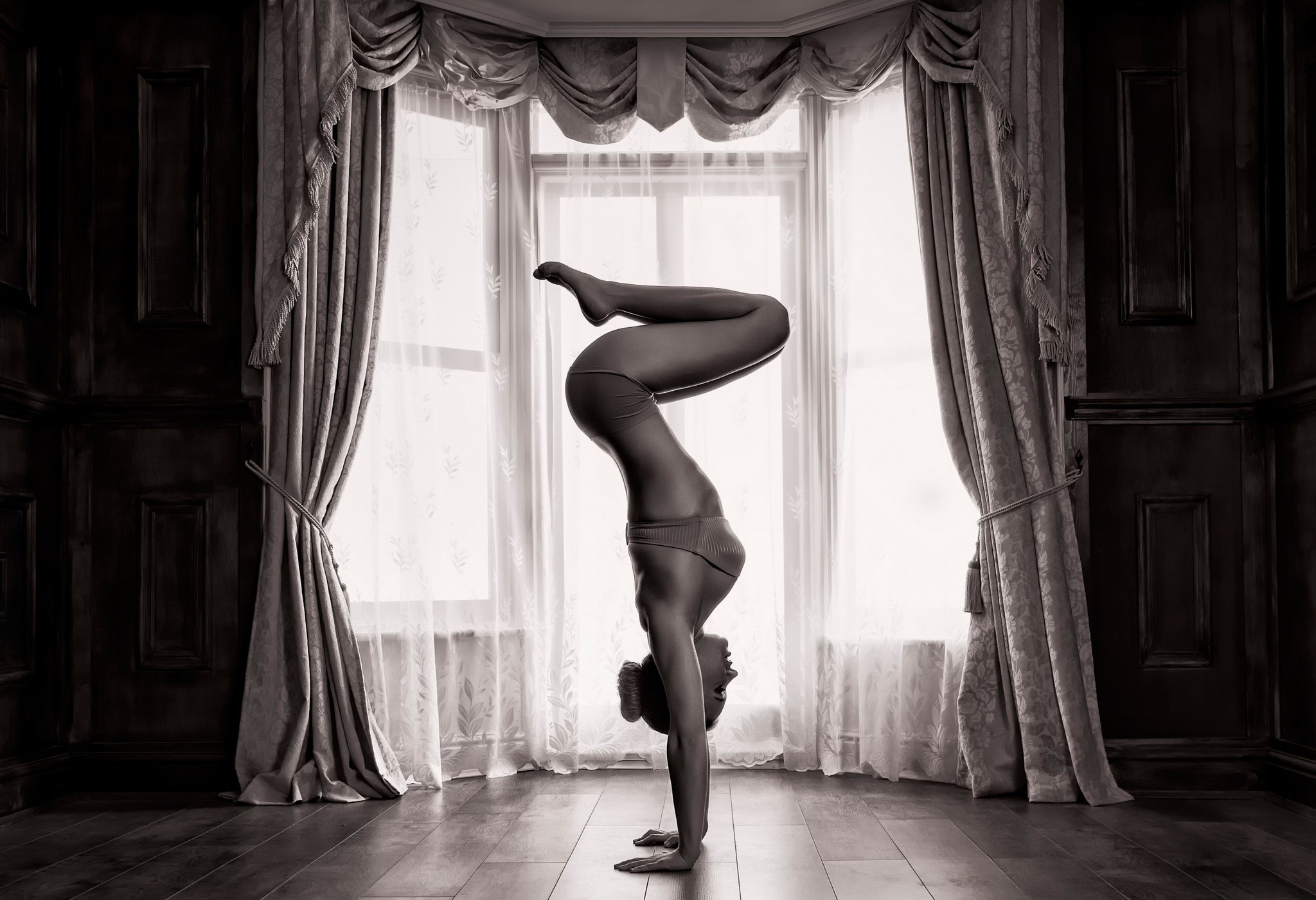 People 2048x1400 women handstand legs curtains window sepia yoga women indoors indoors underwear bra panties