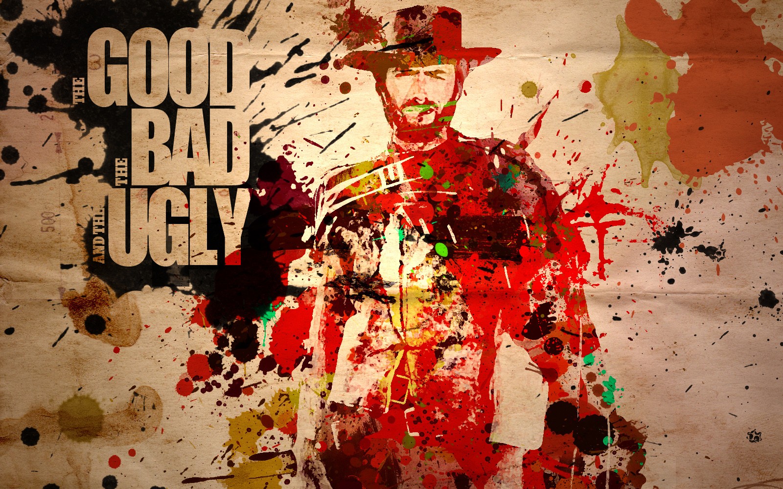 General 1600x1000 The Good  The Bad and The Ugly Clint Eastwood movies paint splatter western digital art