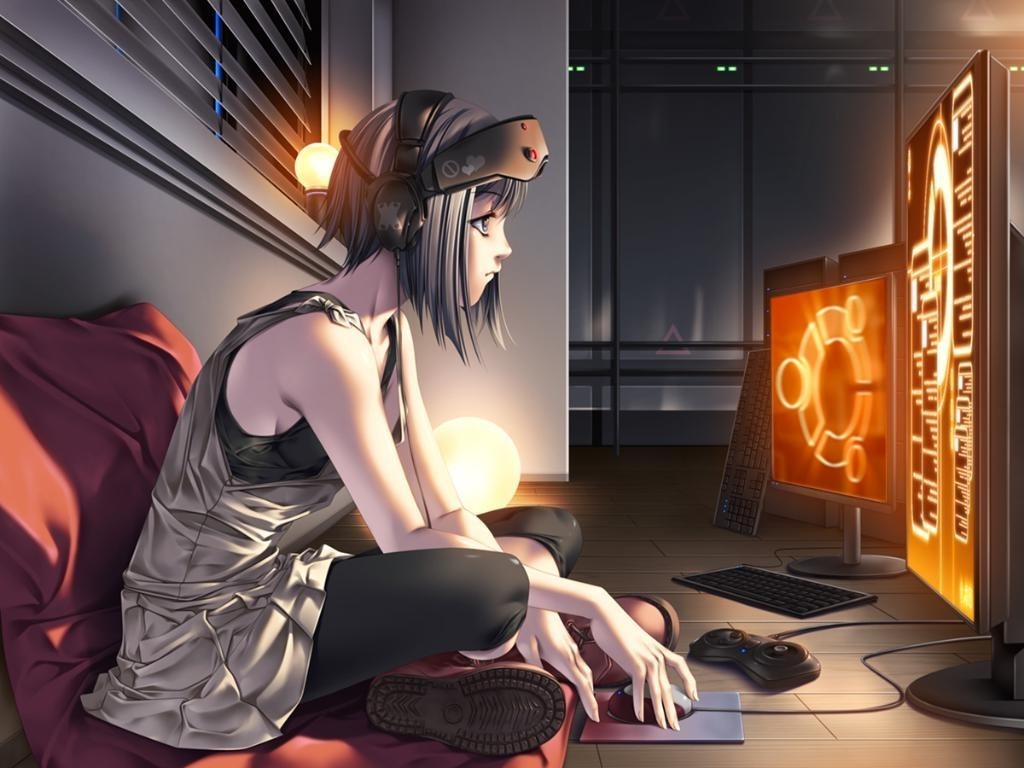 Anime 1024x768 digital art anime girls computer anime Ubuntu technology dark hair sitting women indoors indoors legs crossed