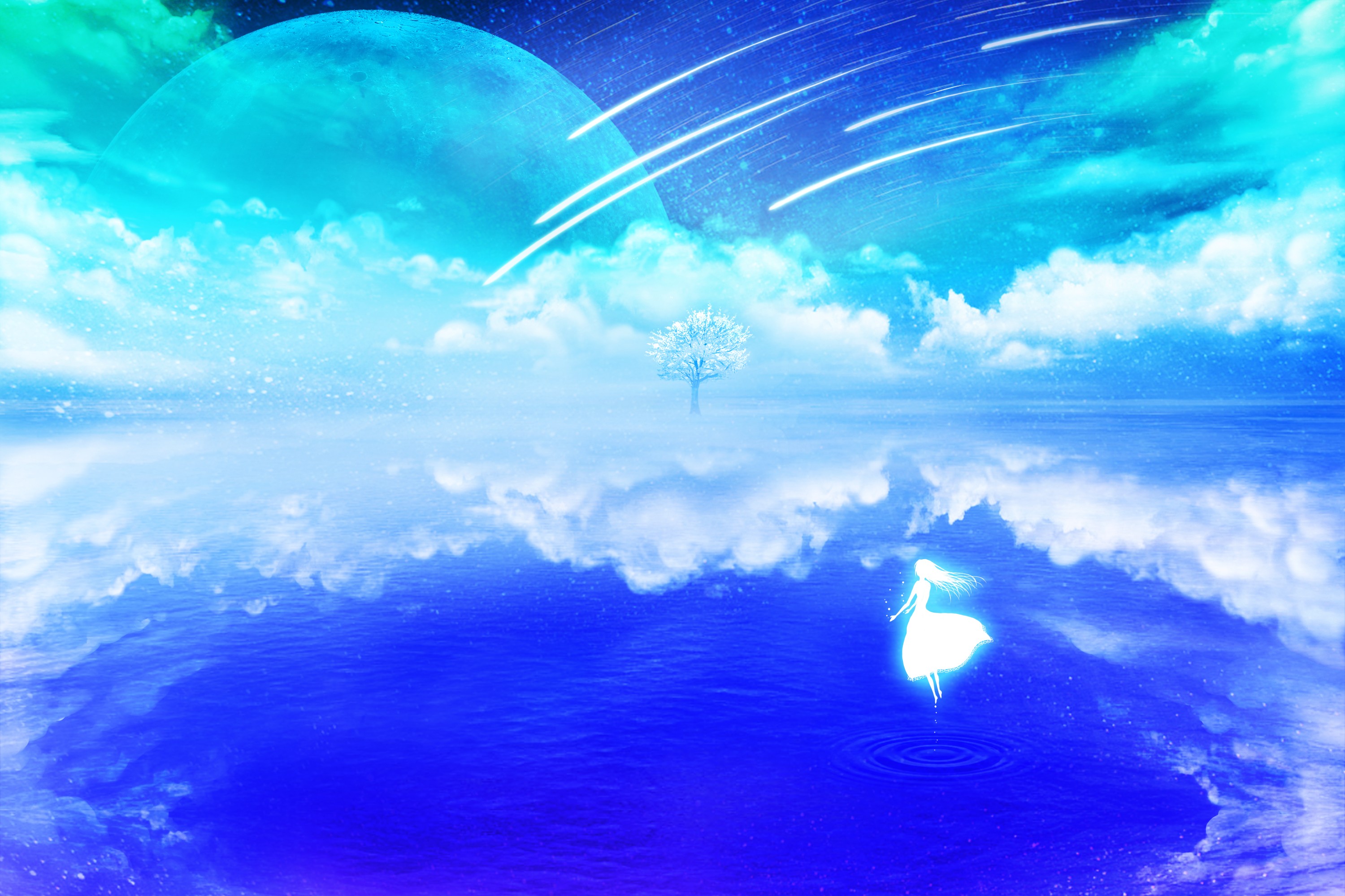 Anime 3000x2000 anime water planet sky clouds reflection stars