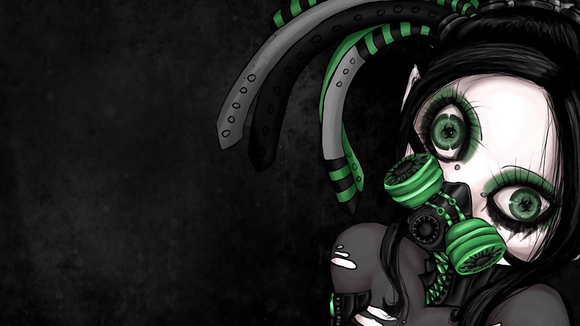 General 1920x1080 gas masks anime girls anime green eyes face looking at viewer black background simple background