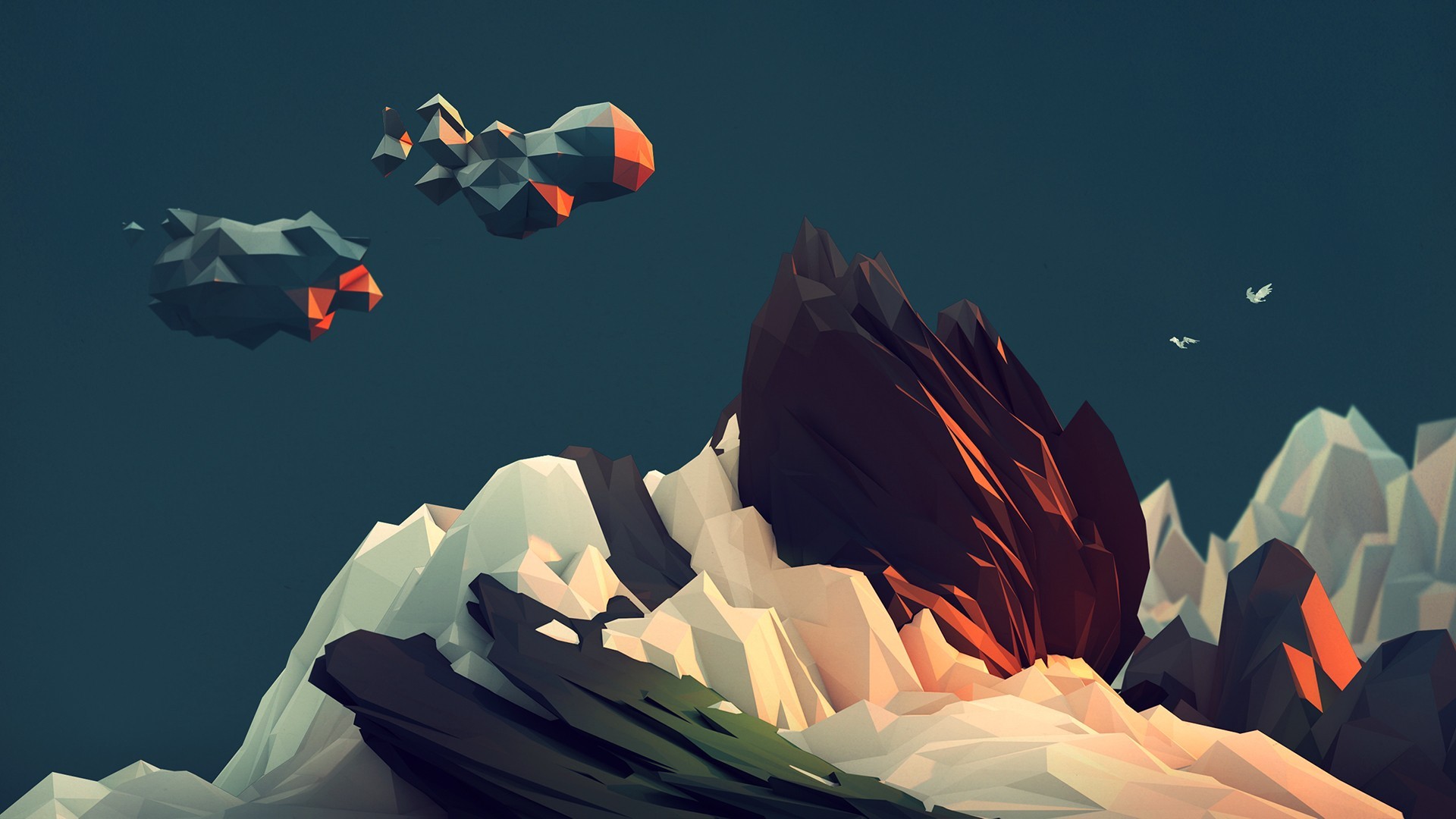 General 1920x1080 clouds mountains Trixel low poly abstract teal CGI digital art birds