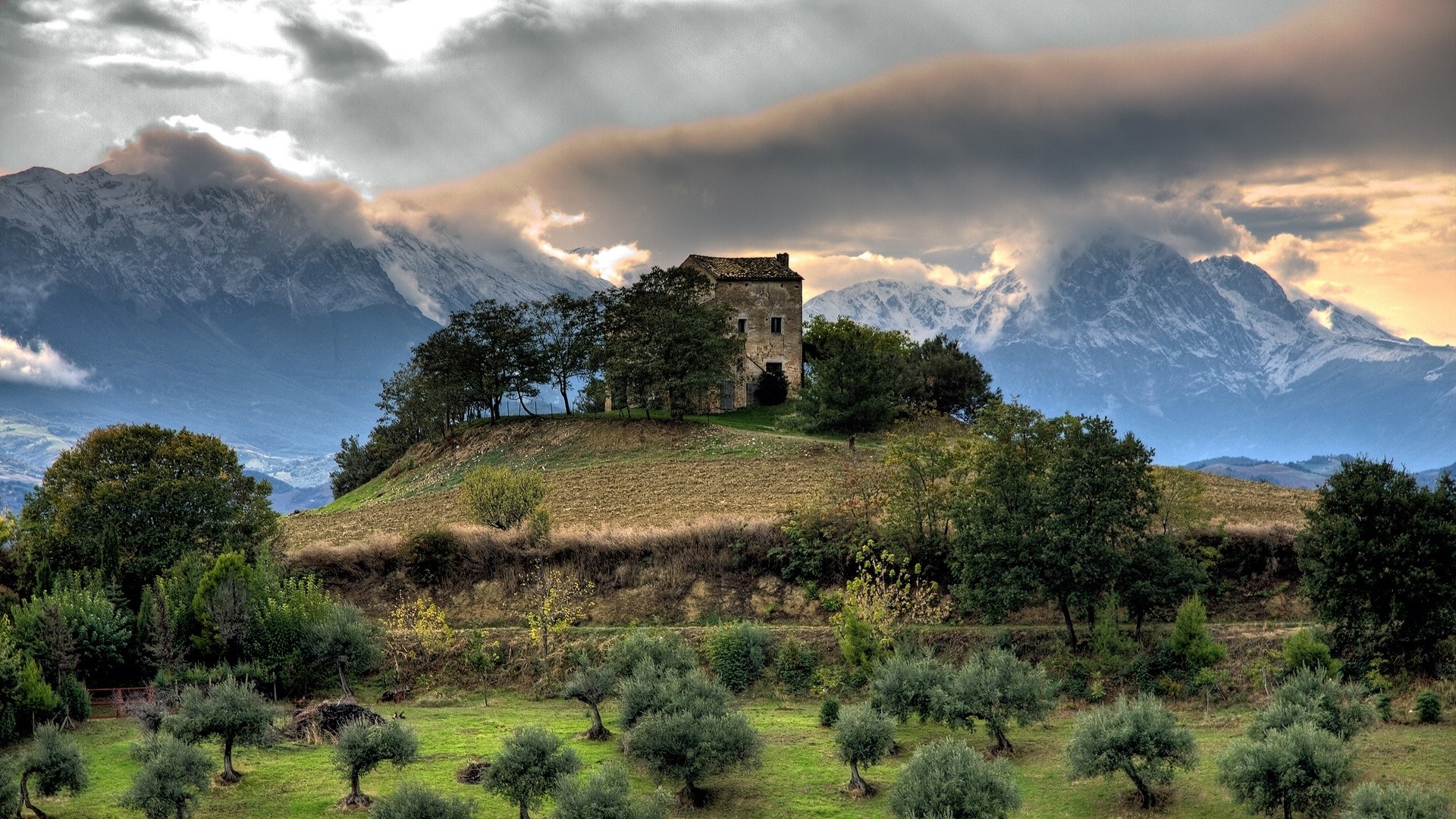 General 1920x1080 HDR nature landscape old building mountains hills Italy sky cropped