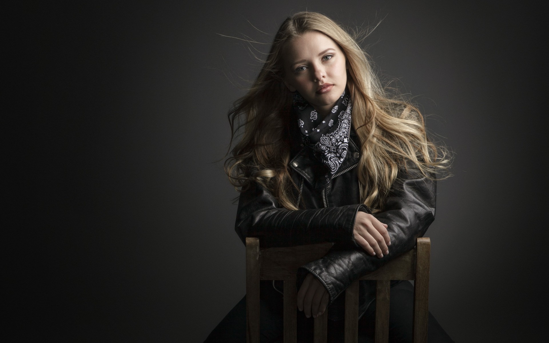 People 1920x1200 women Regina Pagles blonde long hair scarf leather jacket black clothing sitting studio indoors women indoors sitting on chair shawl young women simple background