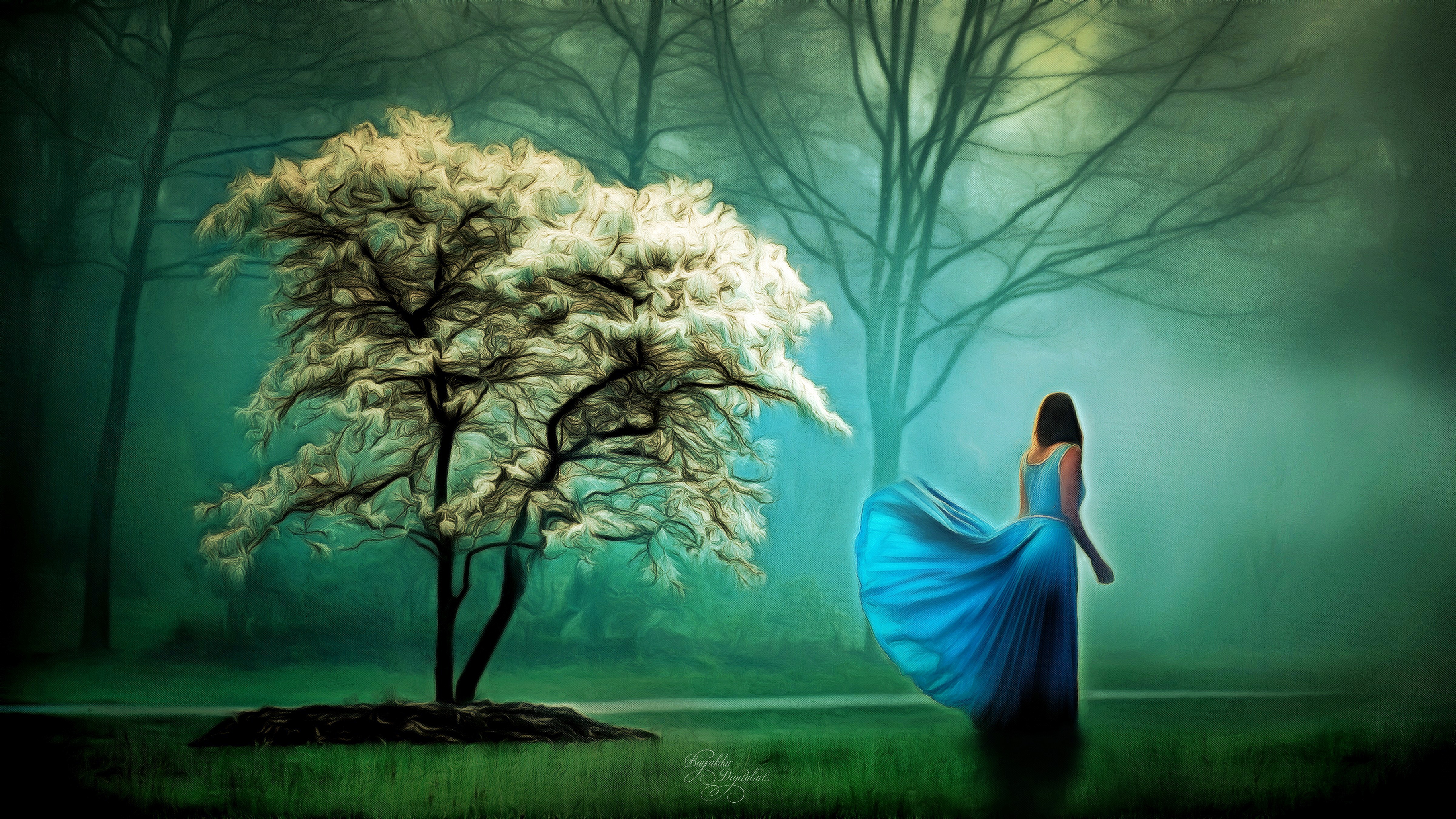 General 4800x2700 artwork painting women women outdoors forest trees dress plants blue dress blue clothing dark hair
