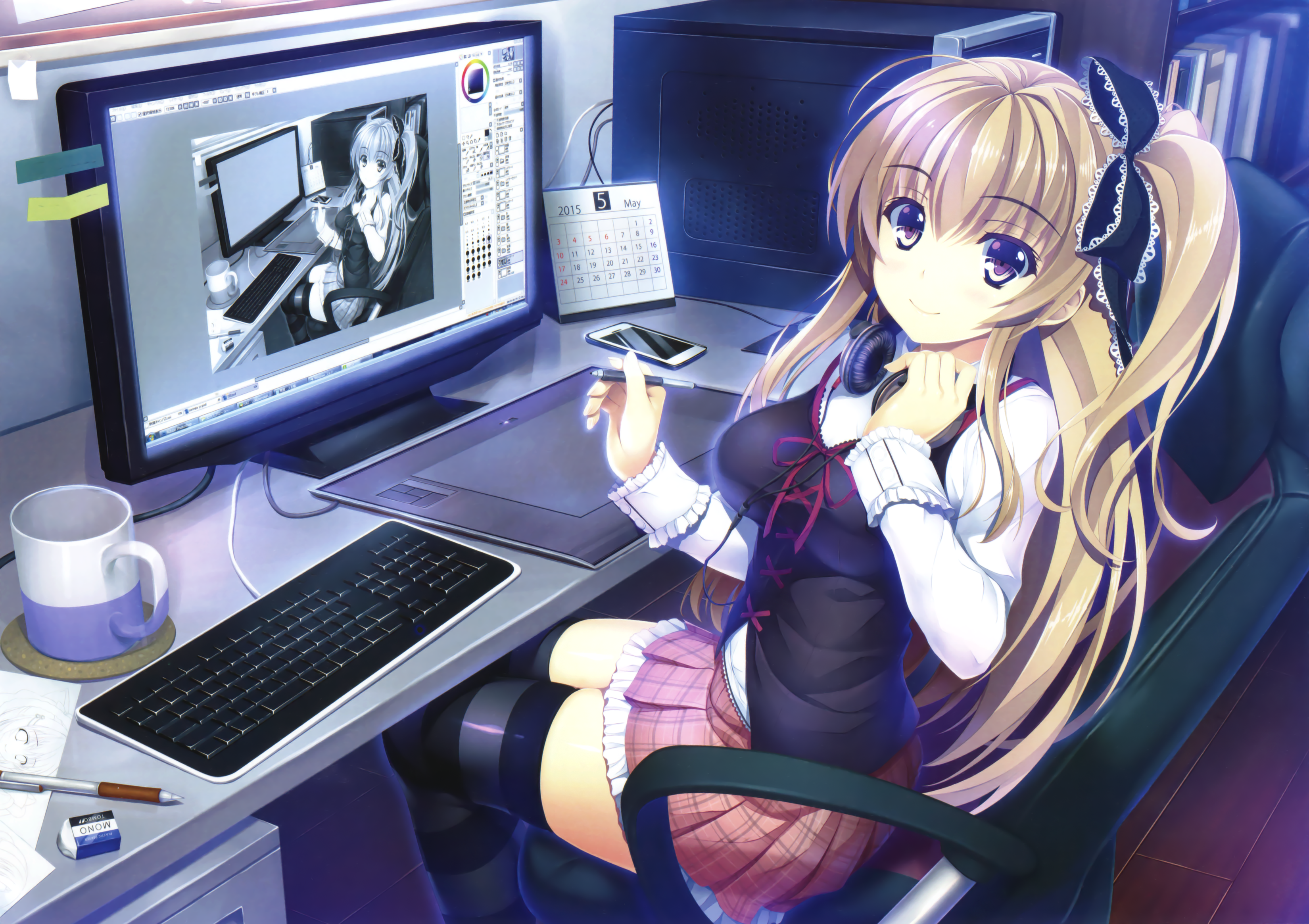 Anime 3300x2329 anime girls computer anime blonde miniskirt Tanukou purple eyes sitting monitor keyboards long hair looking at viewer