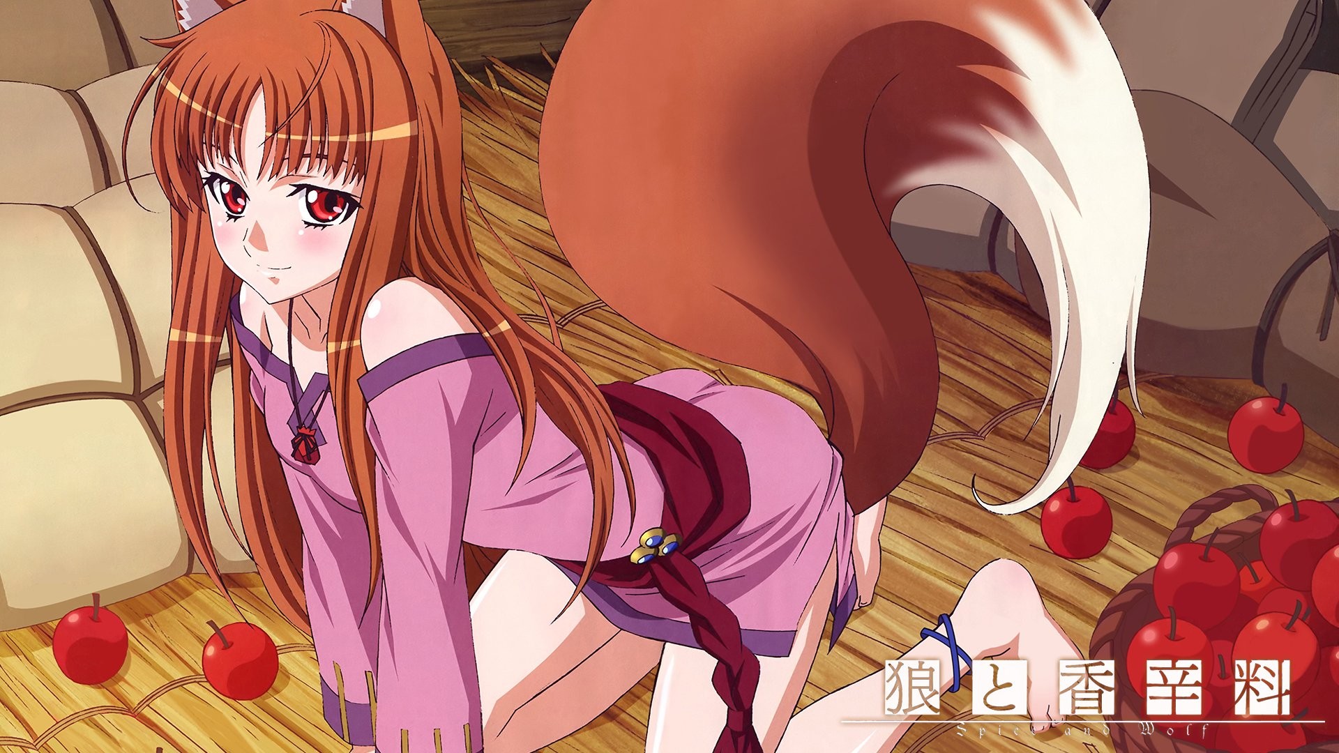 Anime 1920x1080 Holo (Spice and Wolf) Spice and Wolf anime girls wolf girls apples anime red eyes tail looking at viewer baskets food fruit long hair