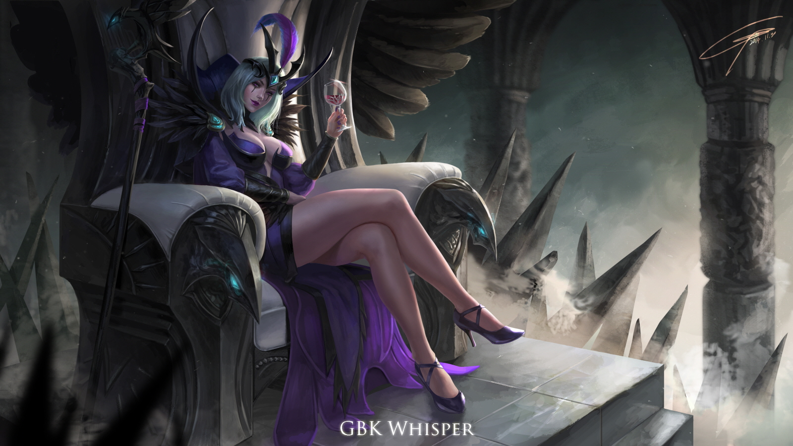 General 1600x900 video games video game girls magician staff League of Legends LeBlanc (League of Legends) fantasy art cleavage boobs legs legs crossed heels PC gaming video game art drinking glass purple heels fantasy girl