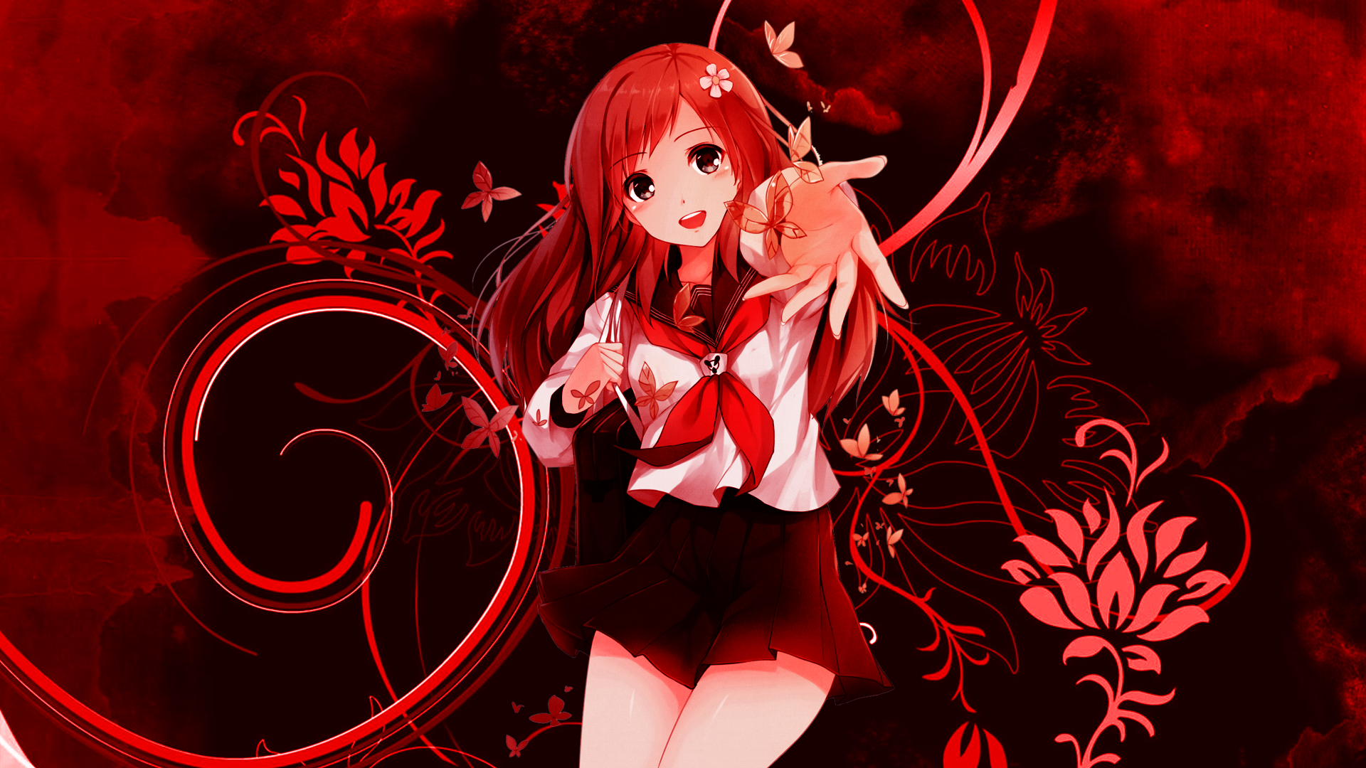 Anime 1920x1080 anime girls artwork anime redhead long hair school uniform miniskirt swirls red background looking at viewer