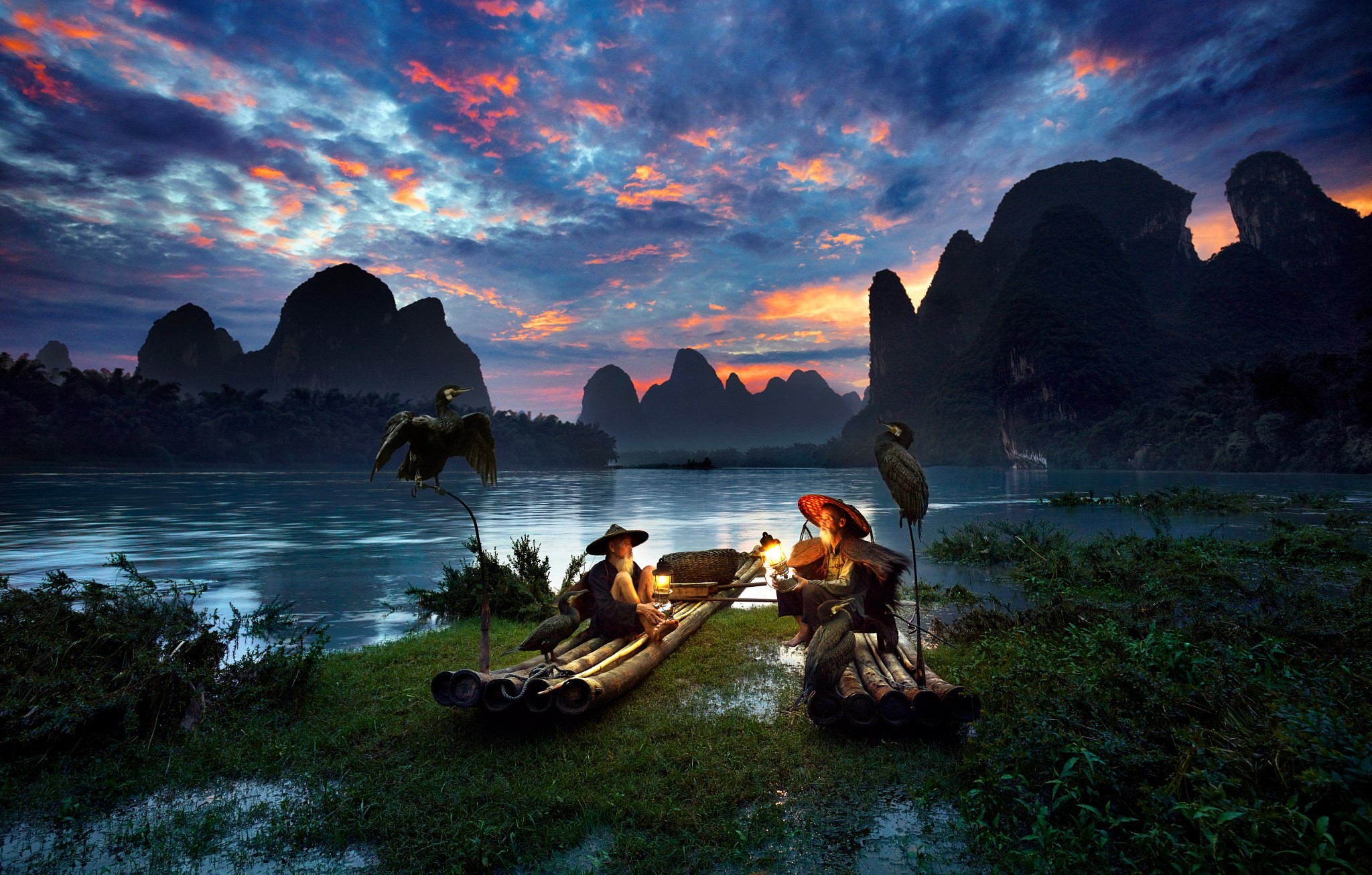 General 2048x1306 men nature river birds Asian mountains China fantasy art Asia landscape sky sunlight