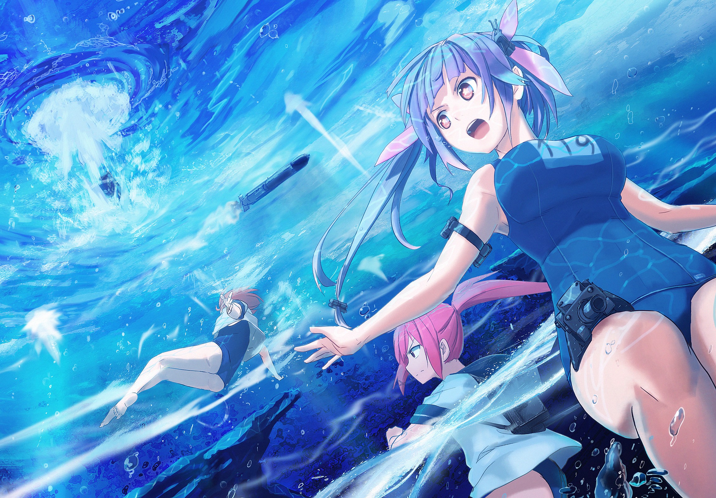 Anime 2300x1600 I-19 (KanColle)  school swimsuits Kantai Collection anime girls underwater in water women trio boobs big boobs huge breasts anime