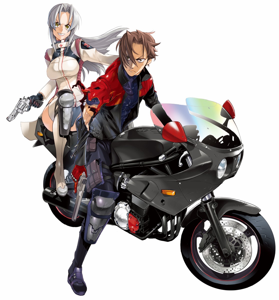 Anime 1116x1200 Triage X nurse outfit motorcycle black motorcycles anime anime girls white background simple background angry face vehicle girls with guns revolver women with motorcycles