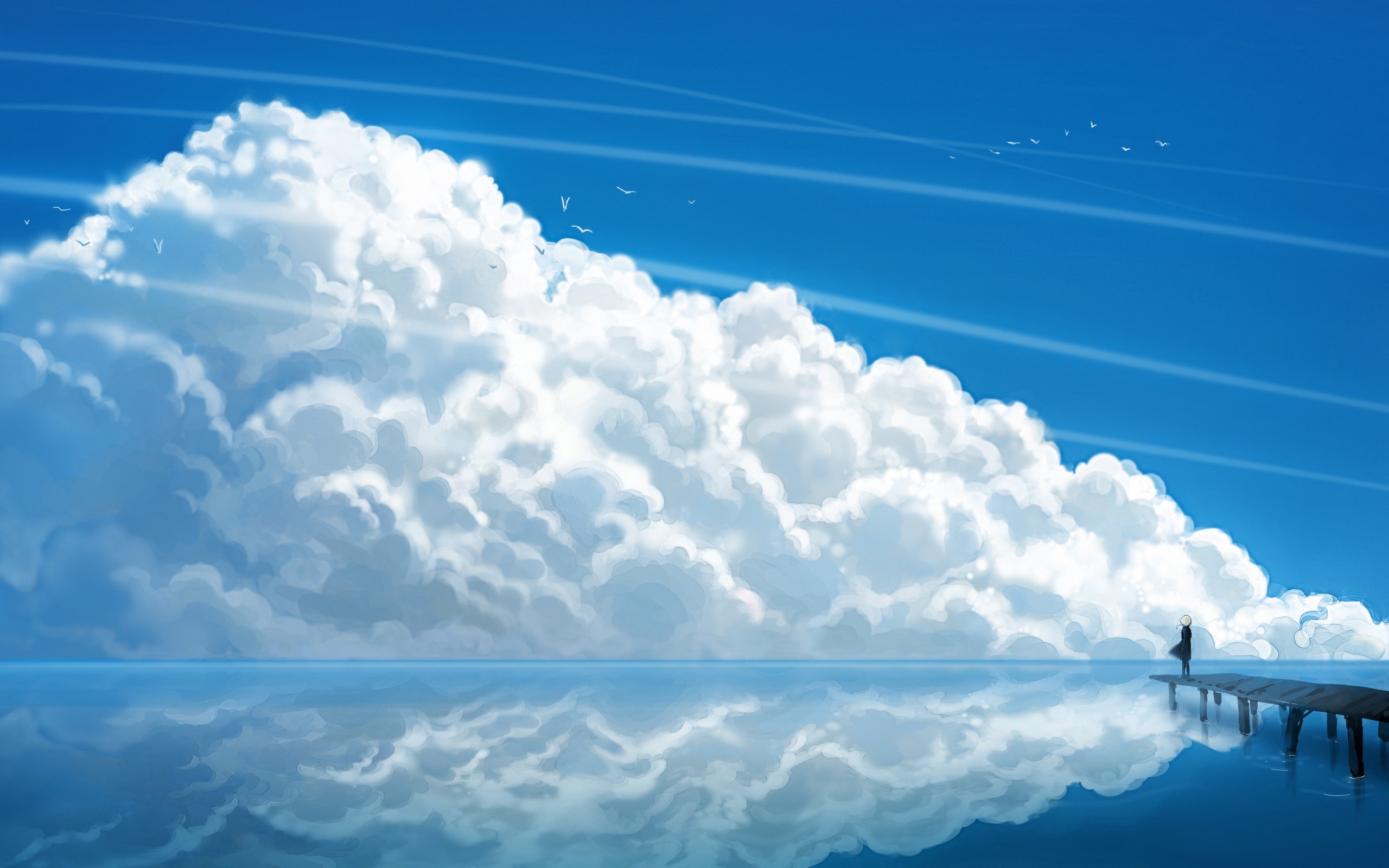 Anime 2560x1600 anime girls clouds alone sky pier reflection anime water blue women outdoors horizon nature