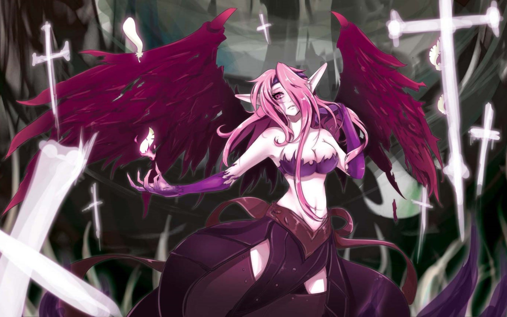 Anime 1680x1050 Morgana (League of Legends) League of Legends anime girls boobs pink hair wings anime PC gaming belly pointy ears hair in face long hair fantasy art fantasy girl