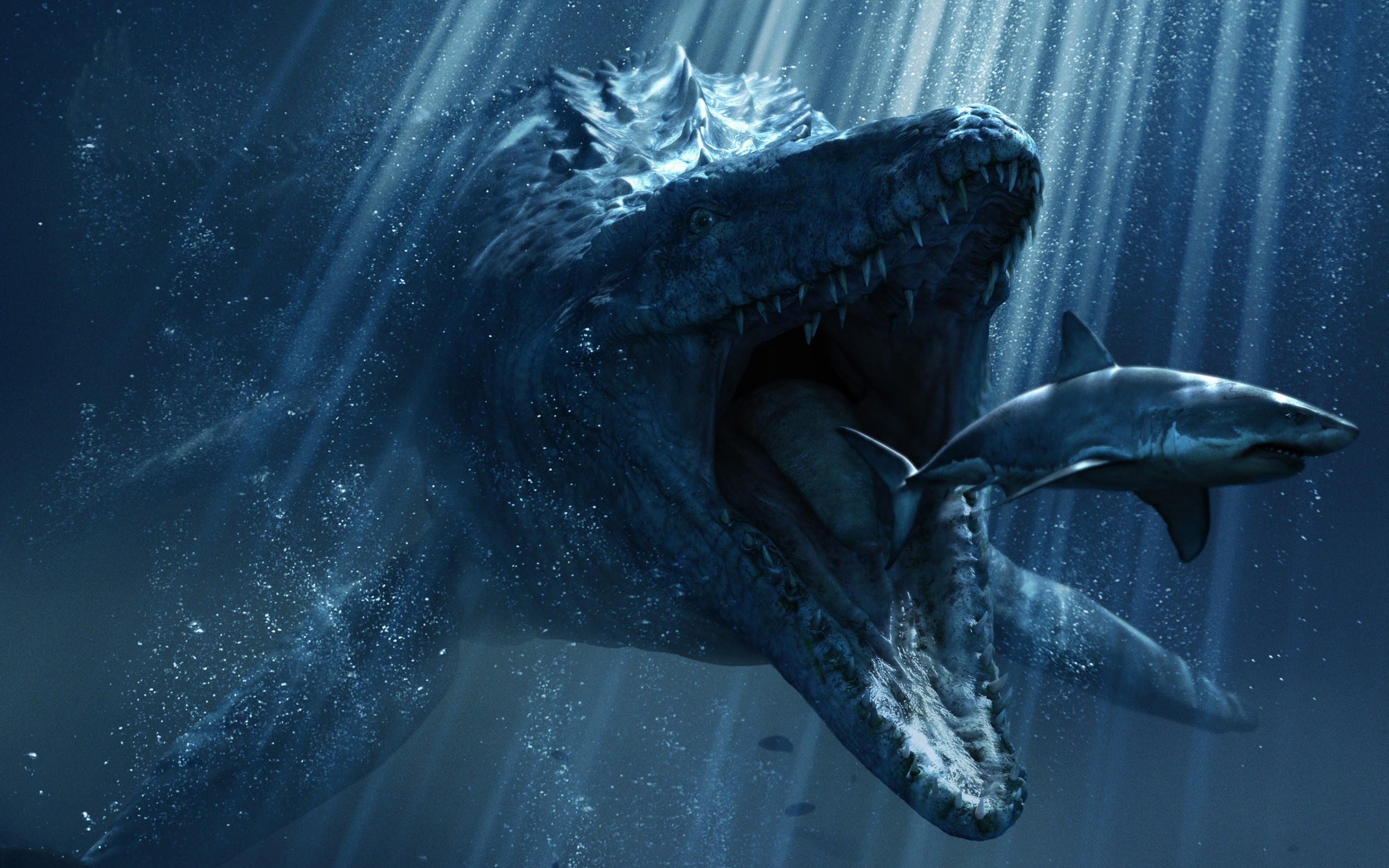 General 2560x1600 digital art underwater shark sun rays blue sea bubbles teeth dinosaurs creature eating Jurassic World mosasaurus movies fish