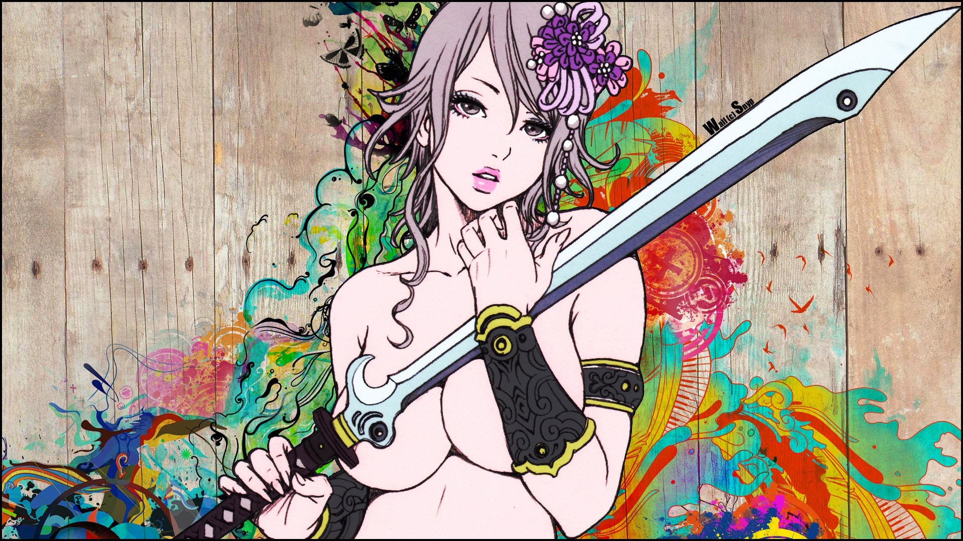 Anime 1920x1080 women cleavage fantasy art sword big boobs colorful texture boobs Snyp fantasy girl women with swords strategic covering looking at viewer flower in hair anime anime girls