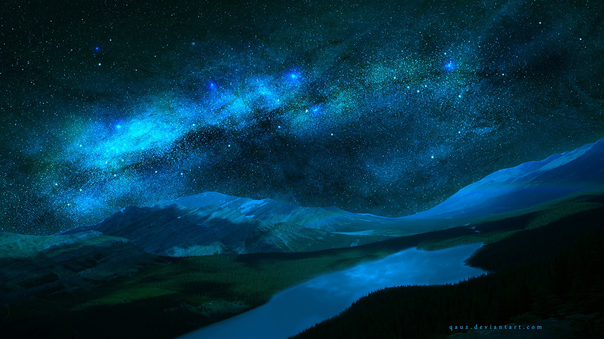 General 1920x1080 nature landscape Milky Way DeviantArt lake stars Peyto Lake watermarked digital art low light