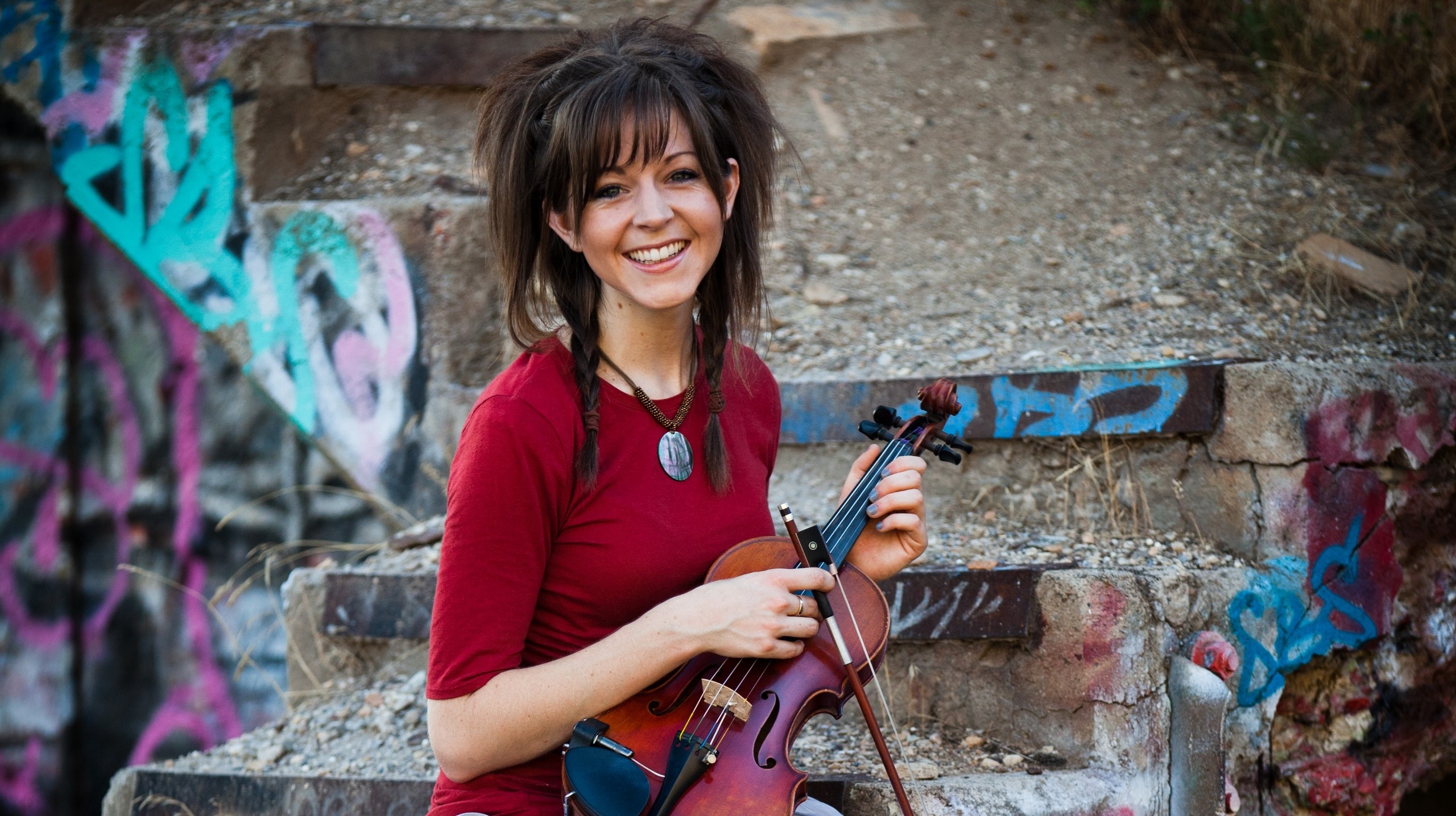 People 2560x1436 Lindsey Stirling women violin musician musical instrument smiling brunette women outdoors outdoors