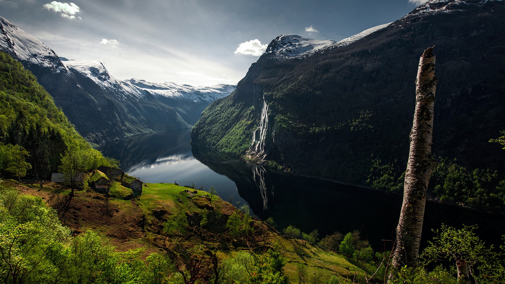 General 1920x1080 landscape mountains nature water fjord trees forest Norway snowy peak house wood clouds hills Geirangerfjord Geiranger