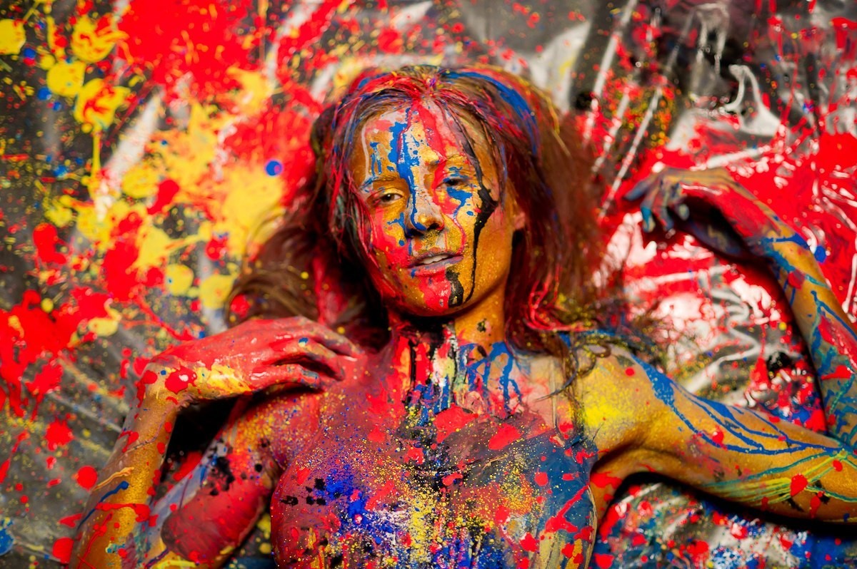 People 1200x798 Julia Vlasova paint splatter women model body paint face colorful looking at viewer