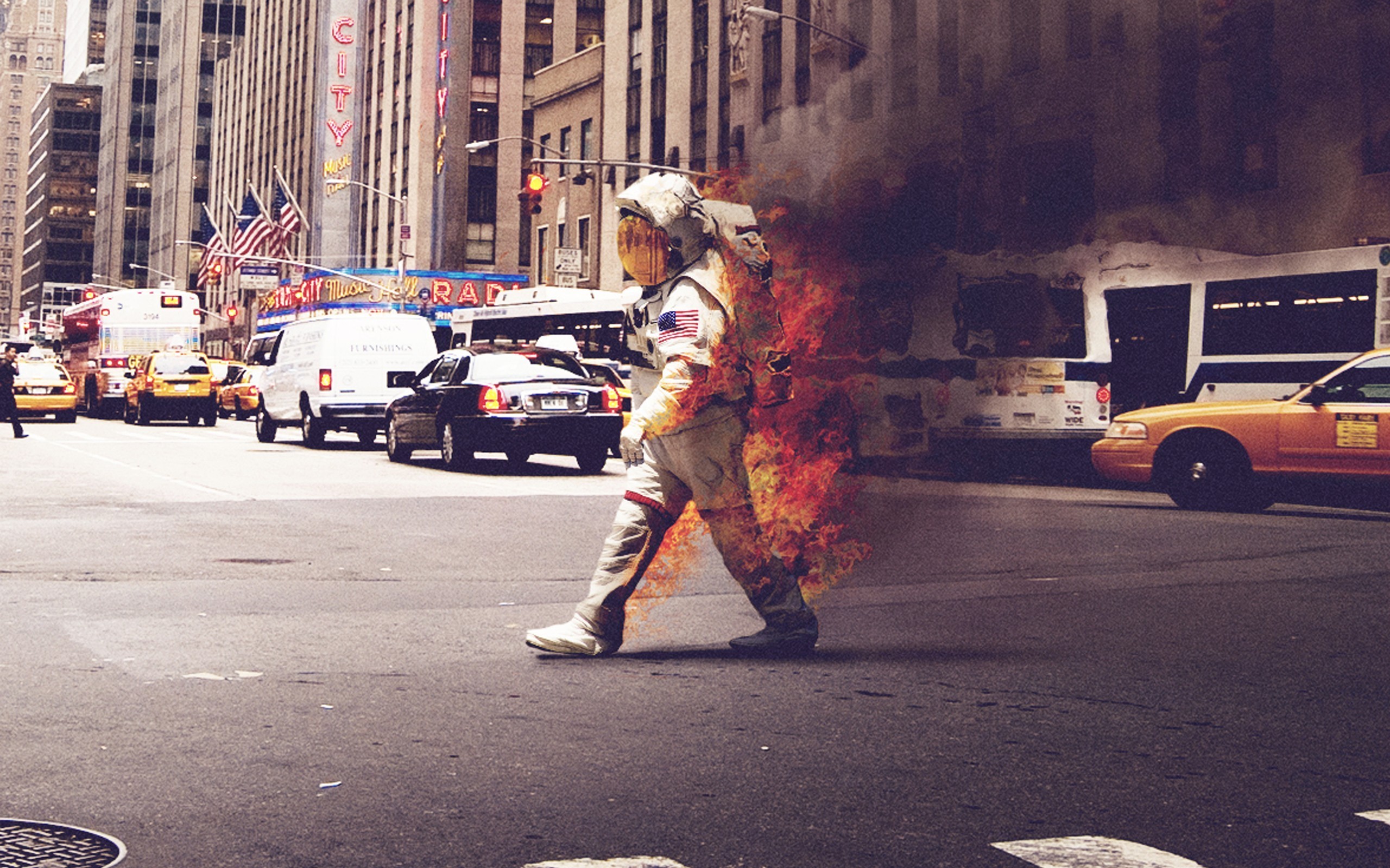 General 2560x1600 astronaut fire cityscape burning USA city street smoke helmet asphalt