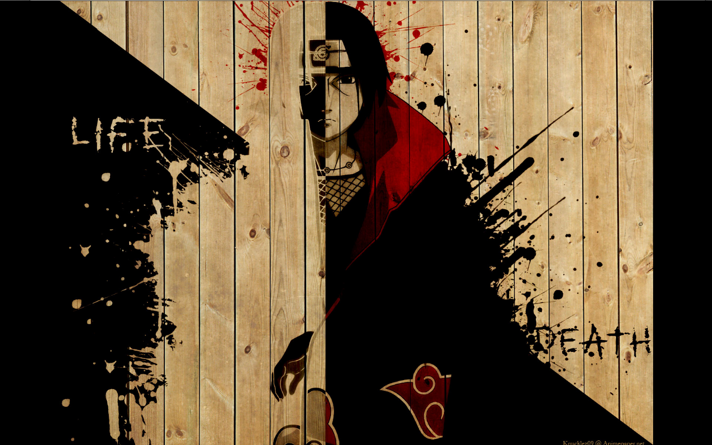 Anime 1439x899 Naruto Shippuden anime Uchiha Itachi paint splatter wood Akatsuki