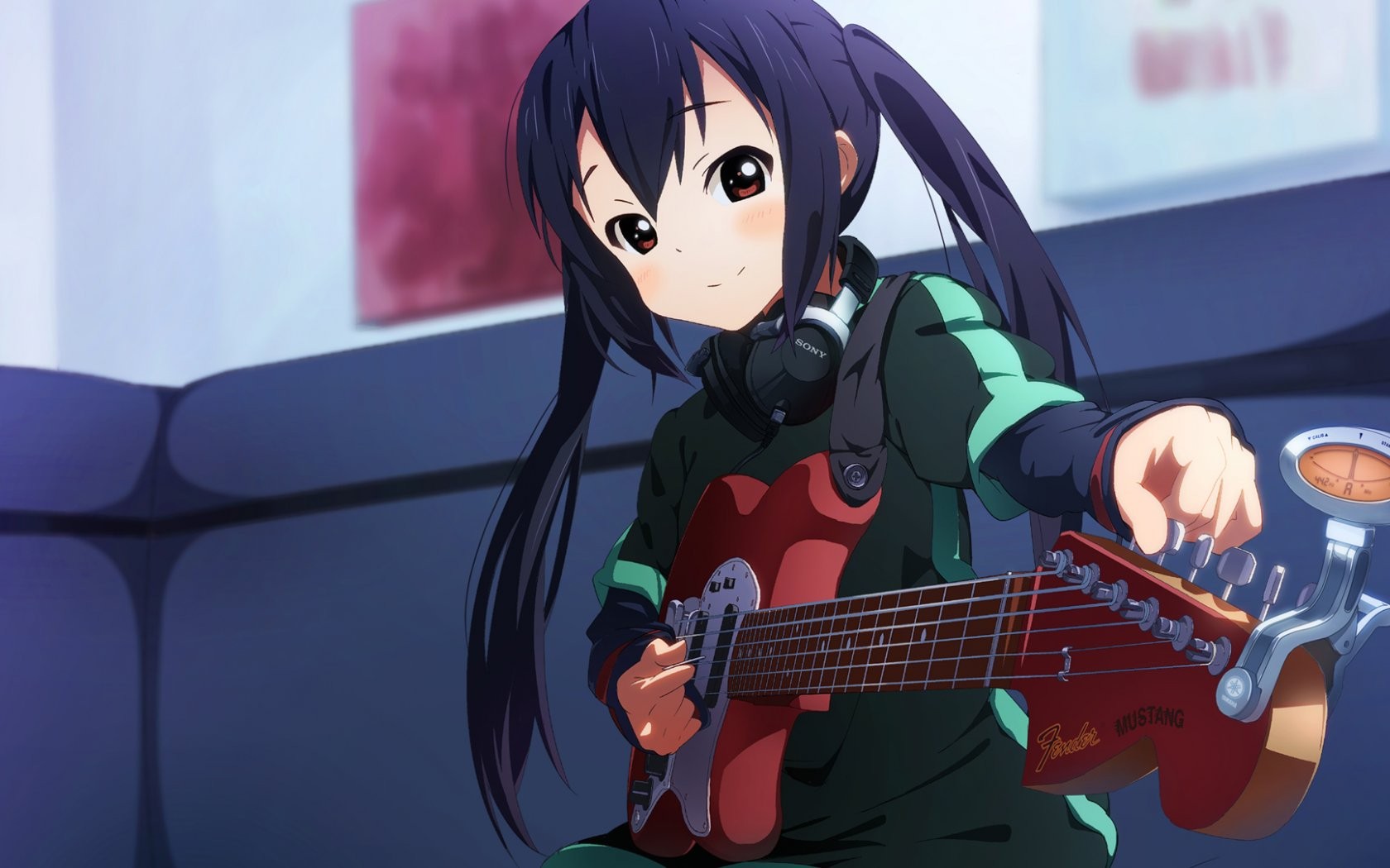 Anime 1680x1050 K-ON! Nakano Azusa guitar purple hair musical instrument anime girls anime long hair looking at viewer music instrument tuning headphones