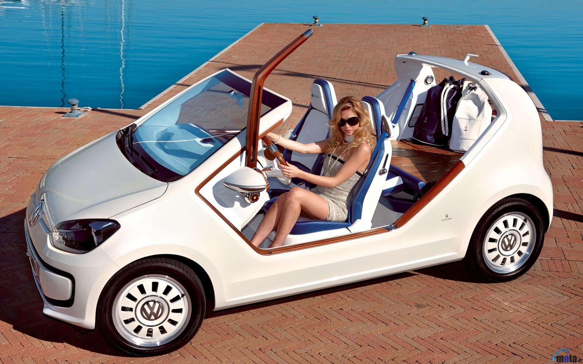 People 1920x1200 cabrio women with cars Volkswagen white cars Volkswagen Up! car vehicle car interior steering wheel women model blonde sunglasses women with shades dress thighs legs sitting women outdoors water