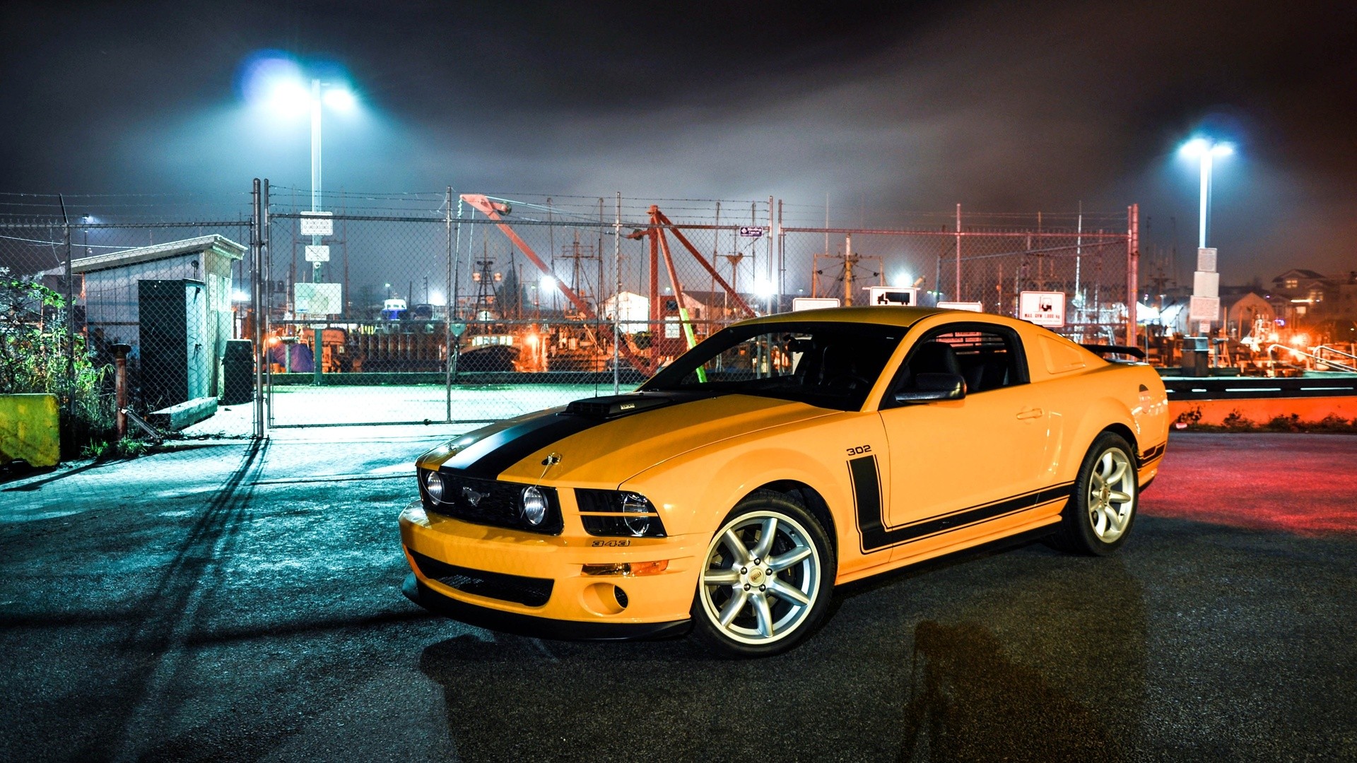General 1920x1080 car yellow cars night vehicle Ford Ford Mustang muscle cars American cars racing stripes