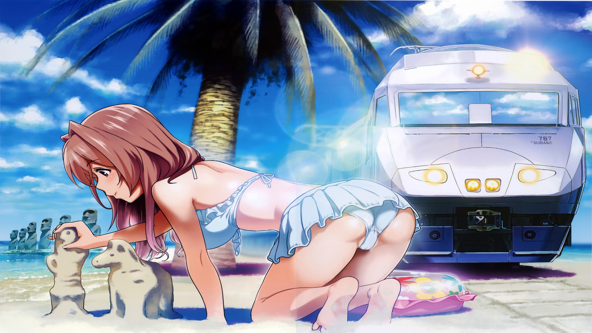 Anime 1920x1080 Rail Wars Koumi Haruka anime girls anime bikini train beach palm trees ass rear view vehicle swimwear redhead bent over bright