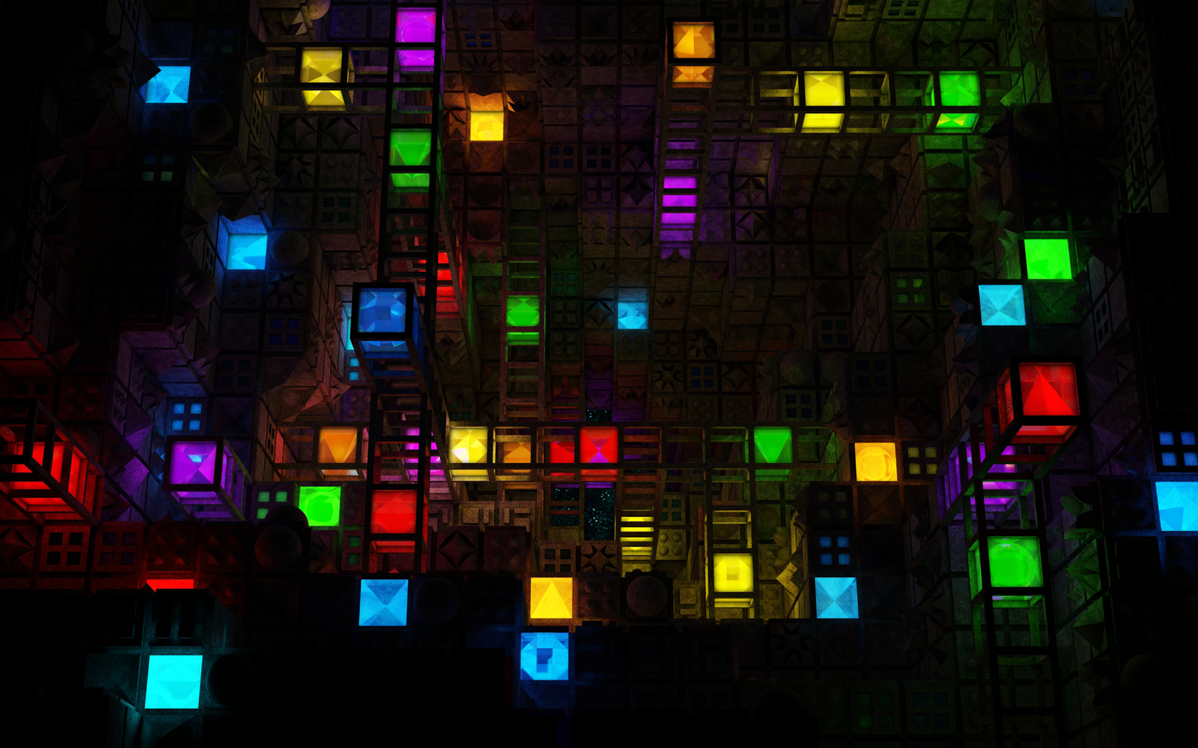 General 1680x1050 colorful cube red blue purple yellow green geometry maze digital art