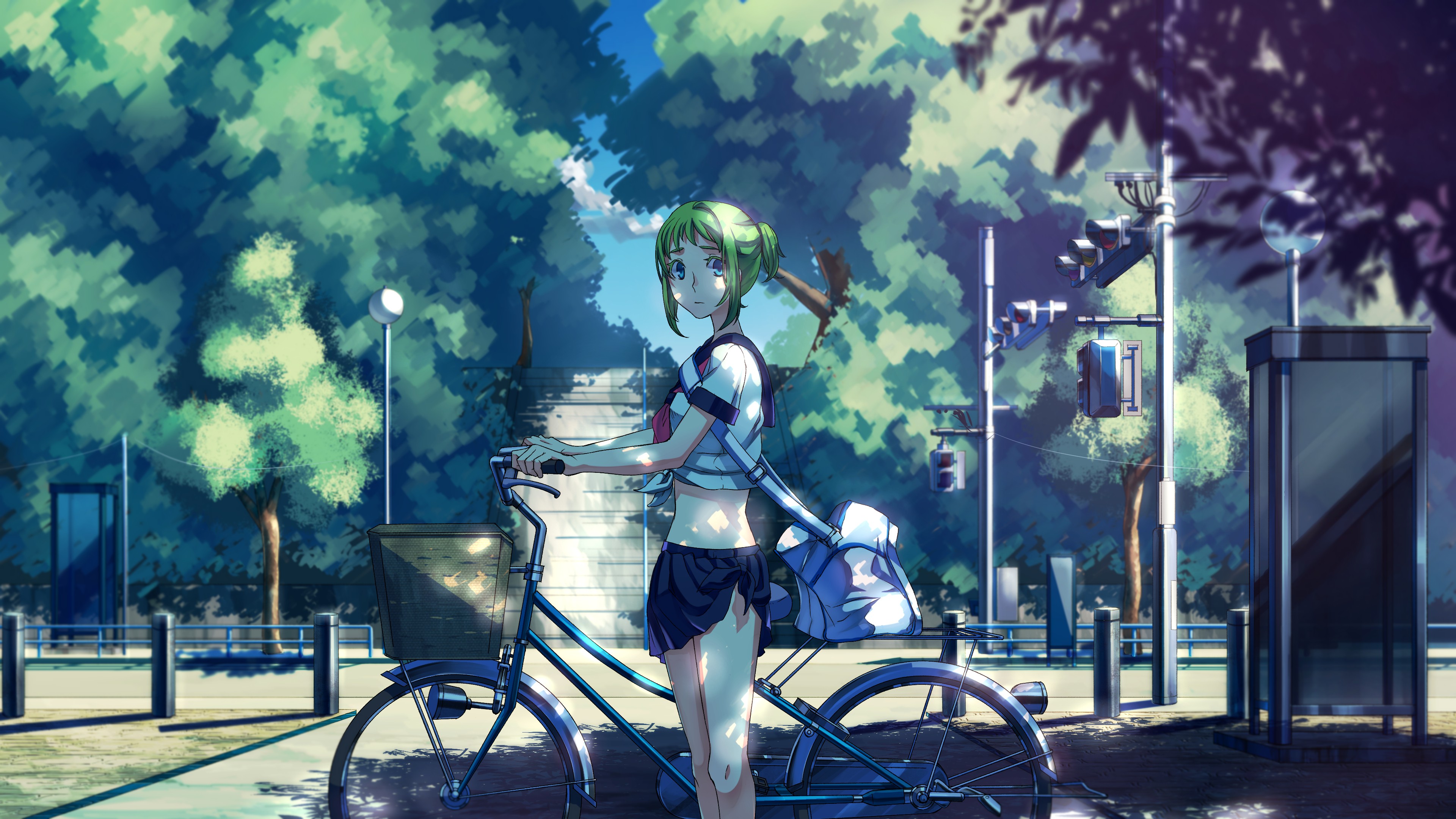 Anime 3840x2160 anime Vocaloid Megpoid Gumi school uniform bicycle anime girls green hair blue eyes looking at viewer women with bicycles urban standing vehicle