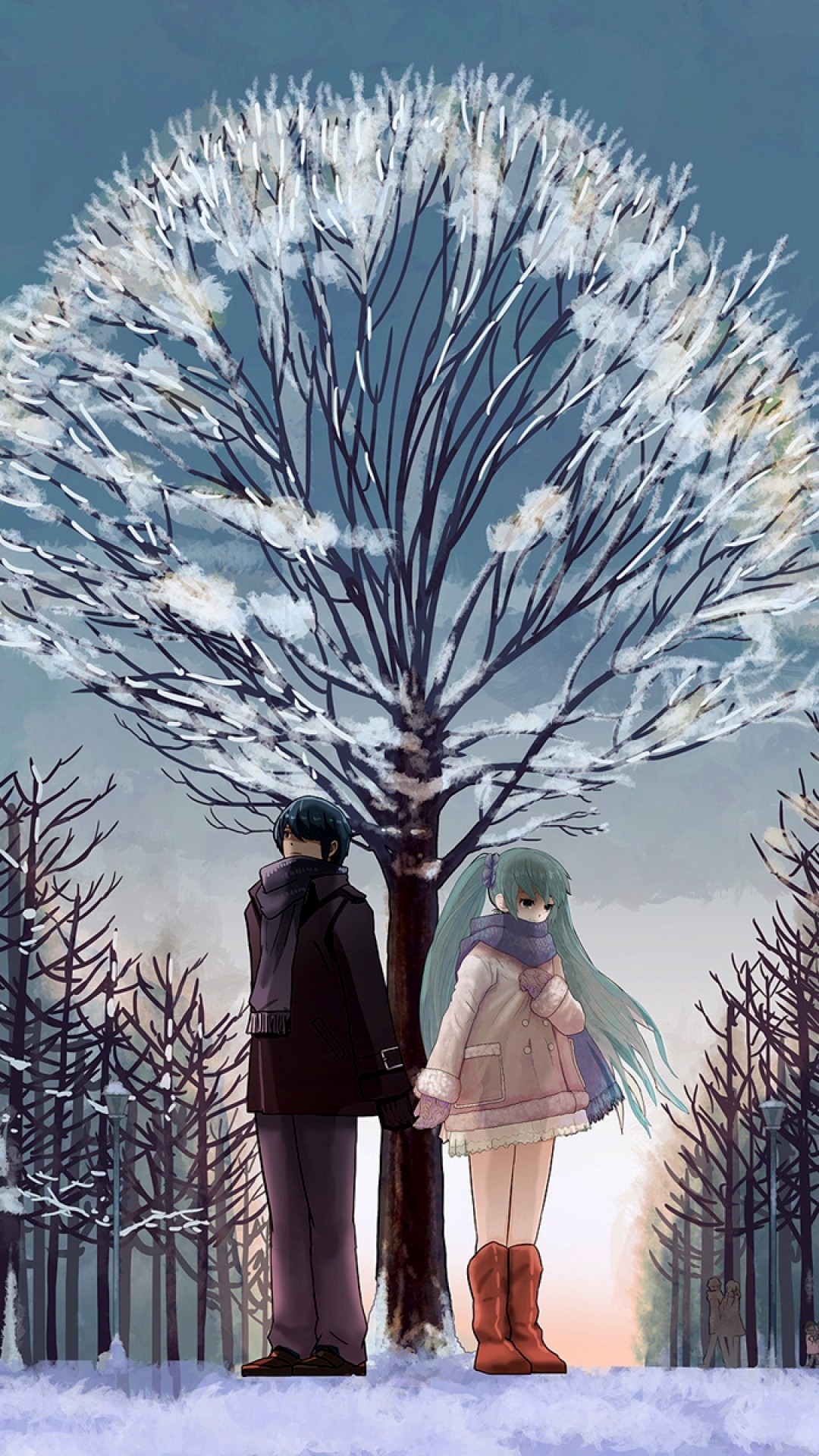 Anime 1080x1920 manga anime girls winter trees snow cold ice anime boys long hair