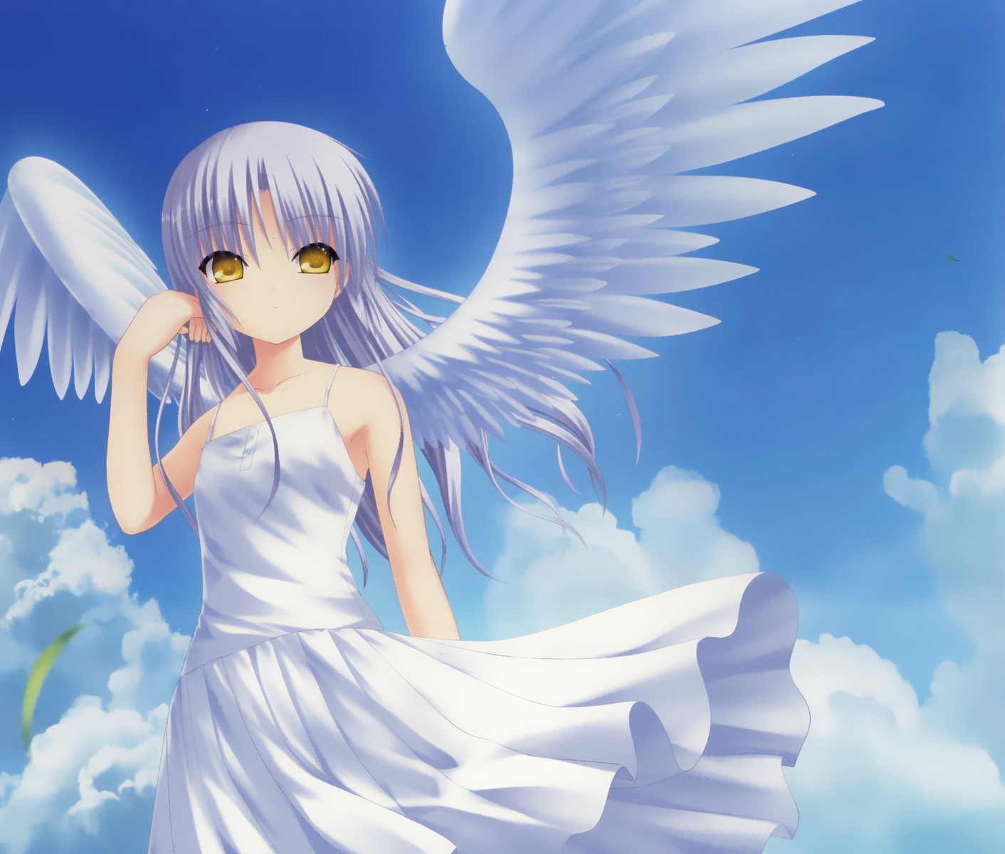 Anime 1412x1200 wings anime girls fantasy art fantasy girl purple hair clouds dress white dress yellow eyes