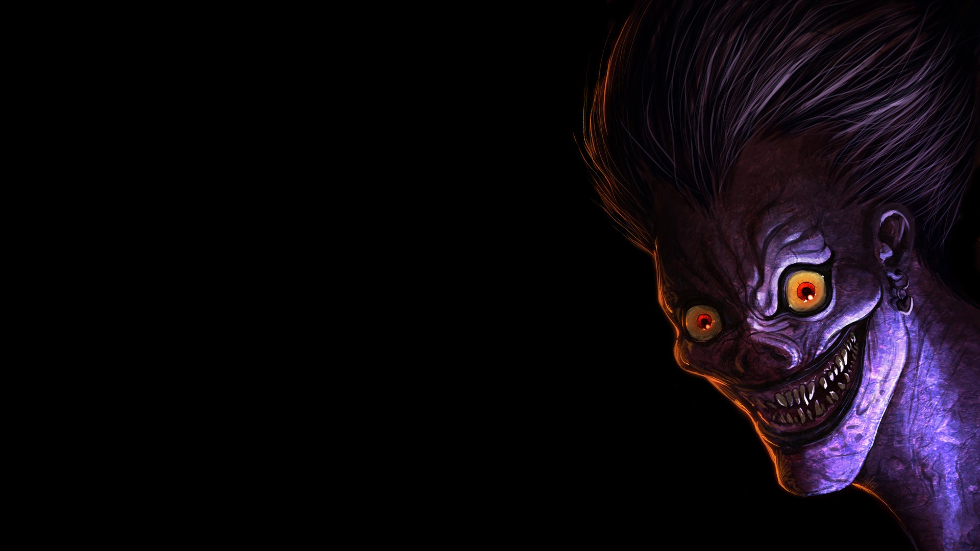 Anime 1920x1080 Death Note Ryuk anime smiling happy face red eyes looking at viewer artwork black background purple