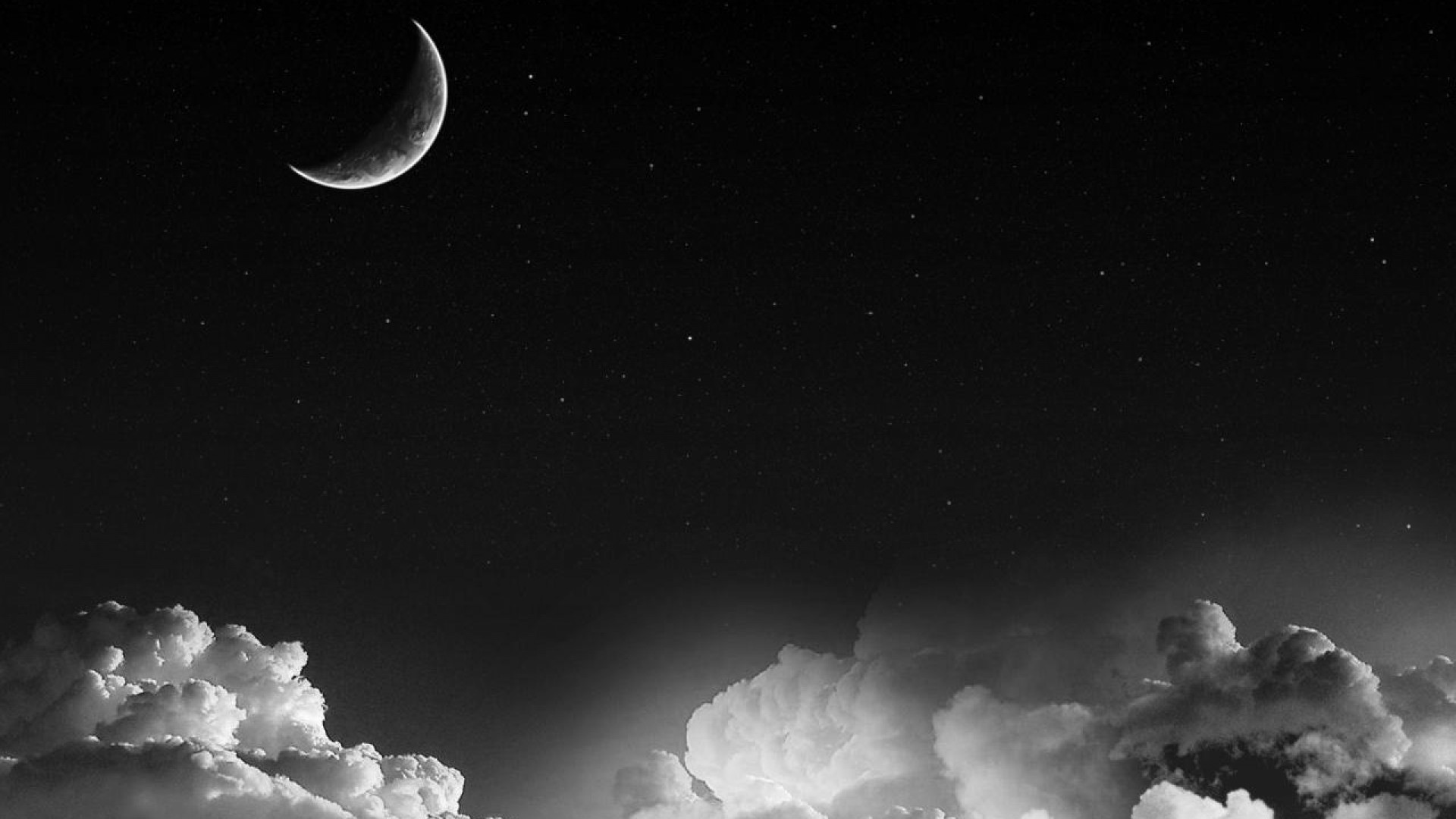 General 1920x1080 Moon clouds monochrome stars crescent moon gray