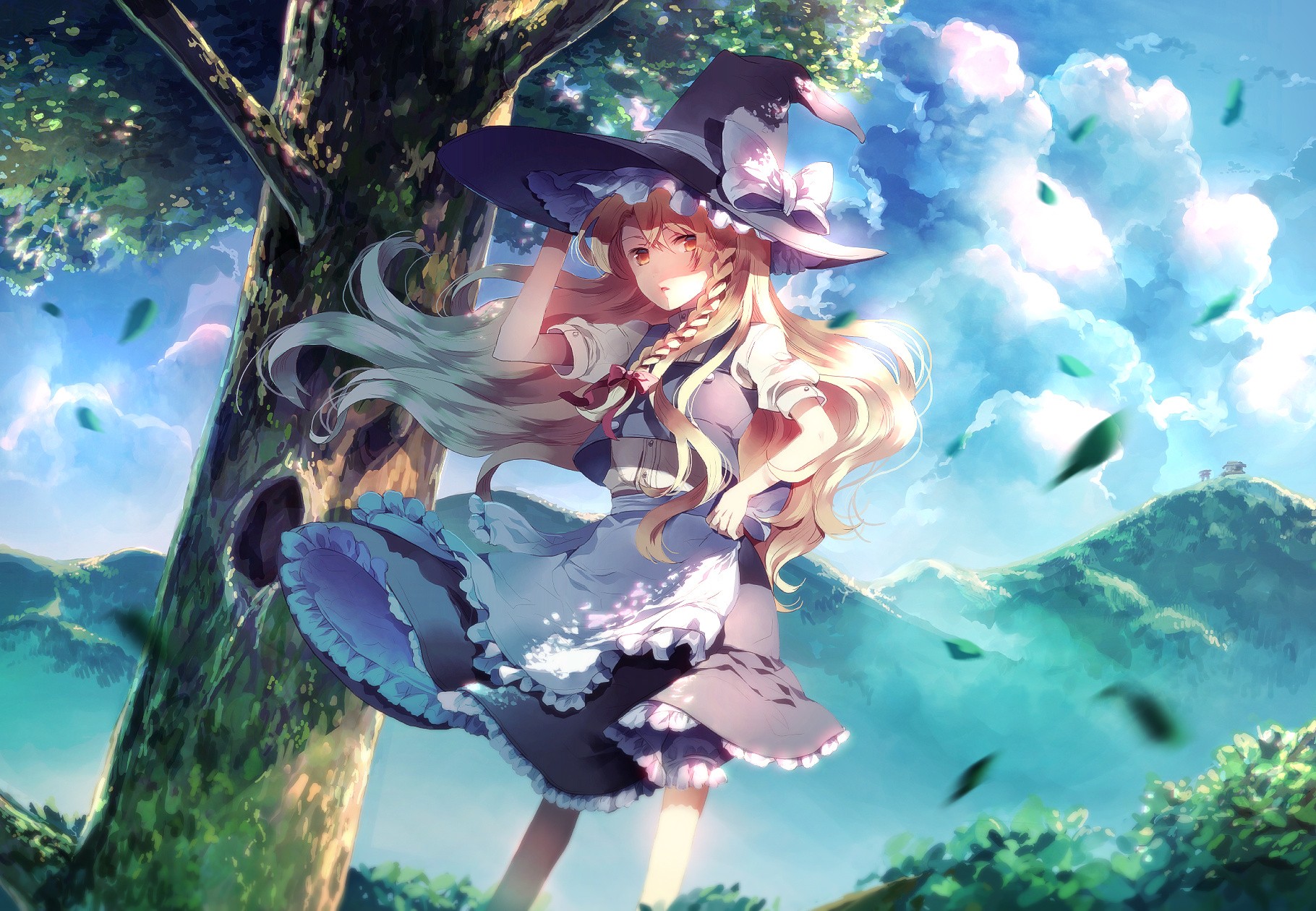 Anime 1820x1260 Touhou Kirisame Marisa nature anime hat anime girls witch hat long hair dress trees sky clouds leaves wind frills standing sunlight outdoors women outdoors braids looking at viewer hair blowing in the wind