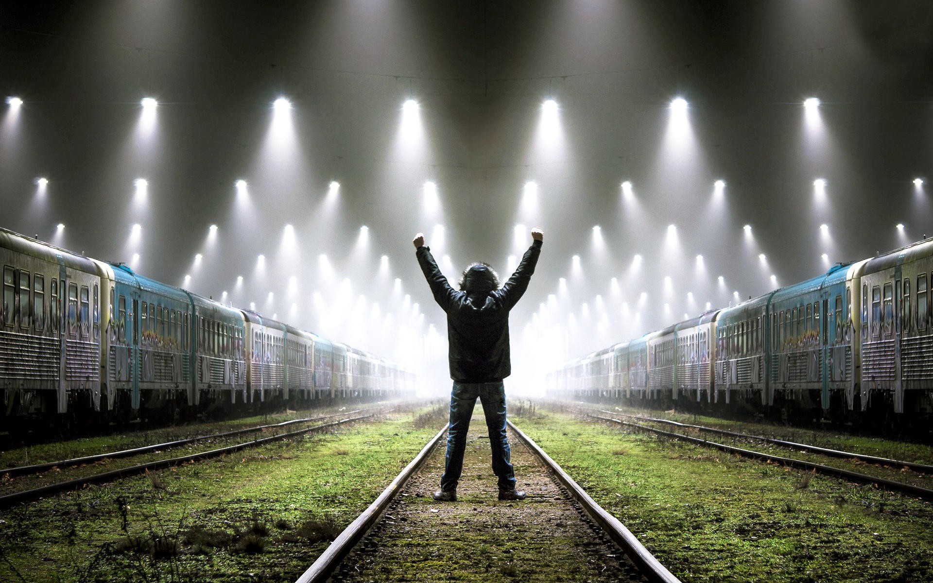General 1920x1200 men train station railway lights arms up train vehicle