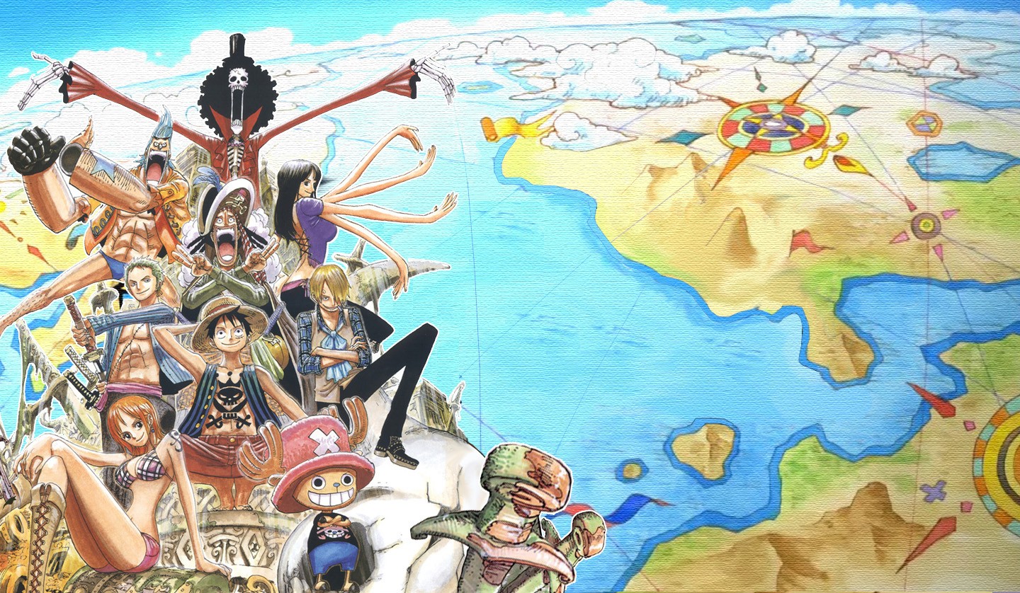 Anime 1440x838 One Piece anime girls map anime boys bra muscular hat sword weapon arms abs sitting smiling
