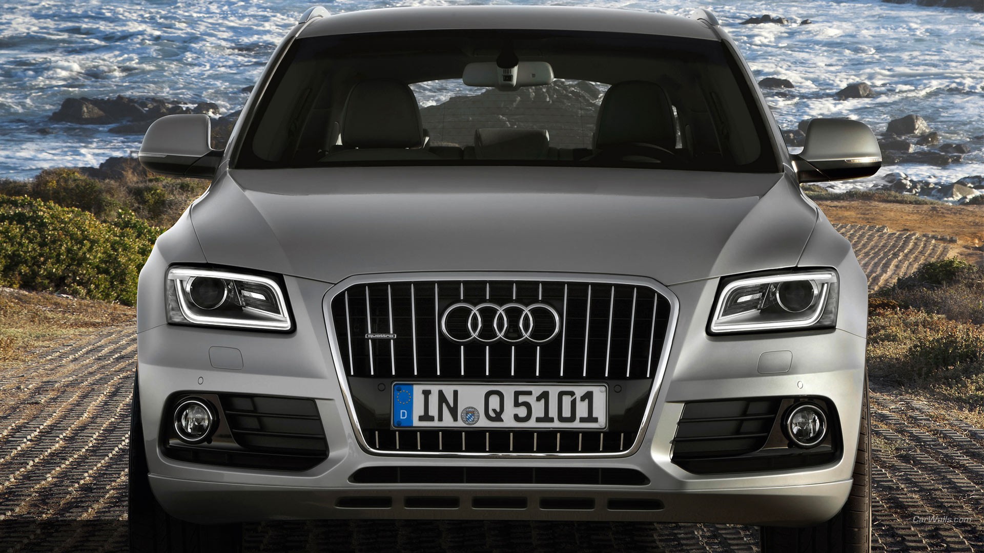 General 1920x1080 Audi Q5 Audi car vehicle German cars Volkswagen Group SUV silver cars frontal view licence plates clouds headlights watermarked sky closeup