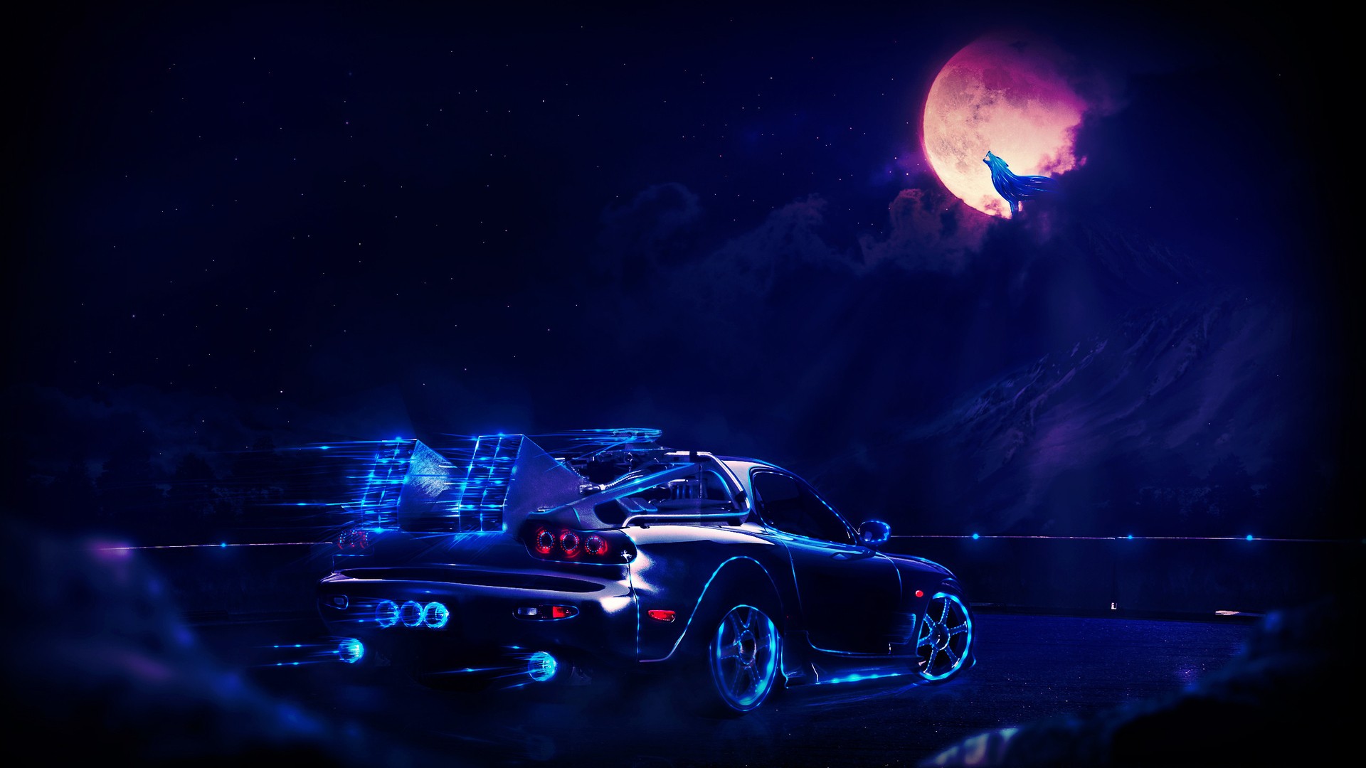 General 1920x1080 artwork concept art fantasy art car neon science fiction wolf Moon Mazda RX-7 Time Machine time travel Mazda vehicle