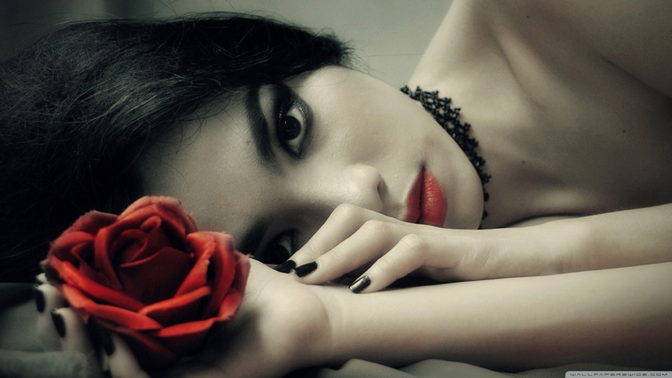 People 1366x768 women rose black hair selective coloring dark eyes face closeup flowers plants looking at viewer makeup painted nails black nails red lipstick women indoors