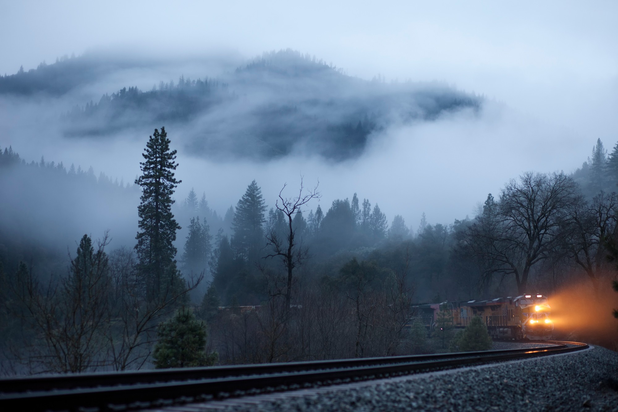 General 2000x1333 nature winter trees railway train lights mist forest landscape vehicle