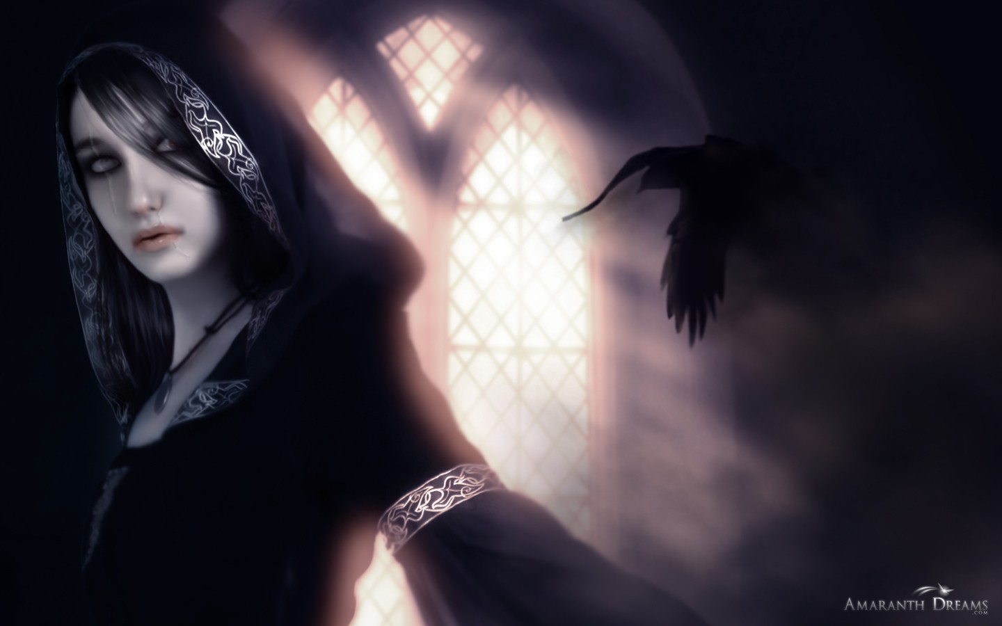 General 1440x900 black crow fantasy art fantasy girl women dark hair hoods