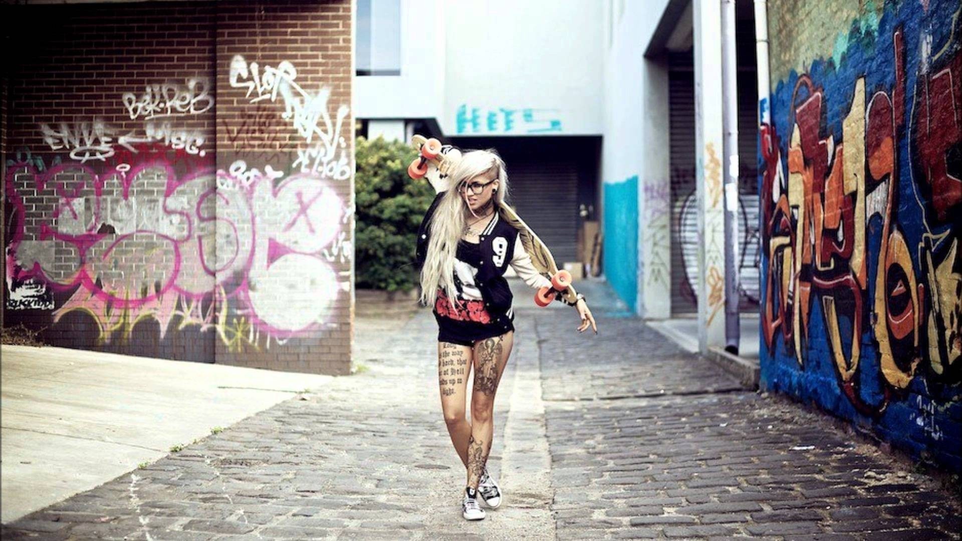 People 1920x1080 women tattoo graffiti longboard urban model blonde women with glasses long hair women outdoors standing
