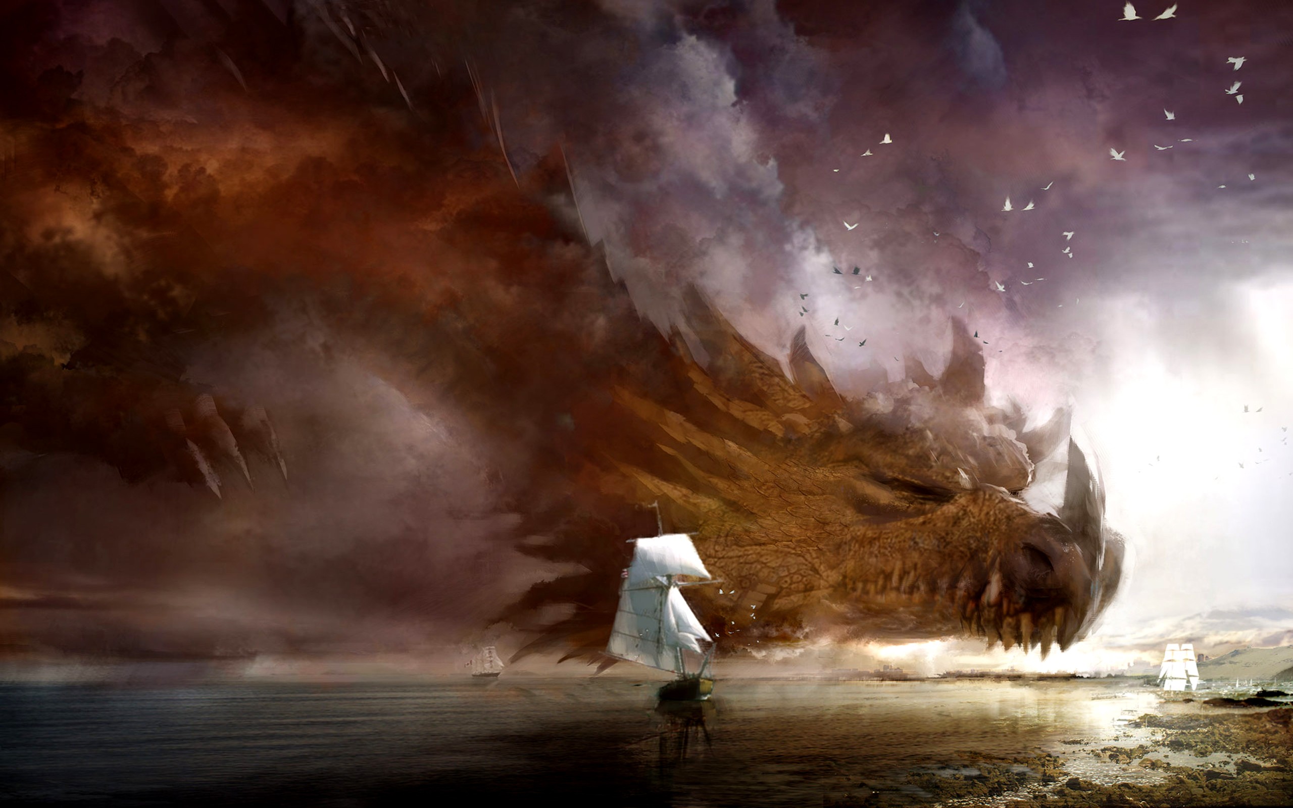 General 2560x1600 dragon ship creature fantasy art sailing ship artwork digital art