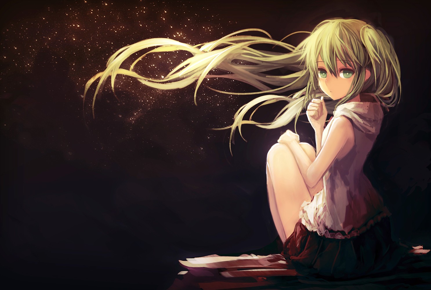 Anime 1486x1000 Vocaloid Hatsune Miku long hair twintails back anime anime girls looking at viewer green eyes sitting knees together blonde sky stars