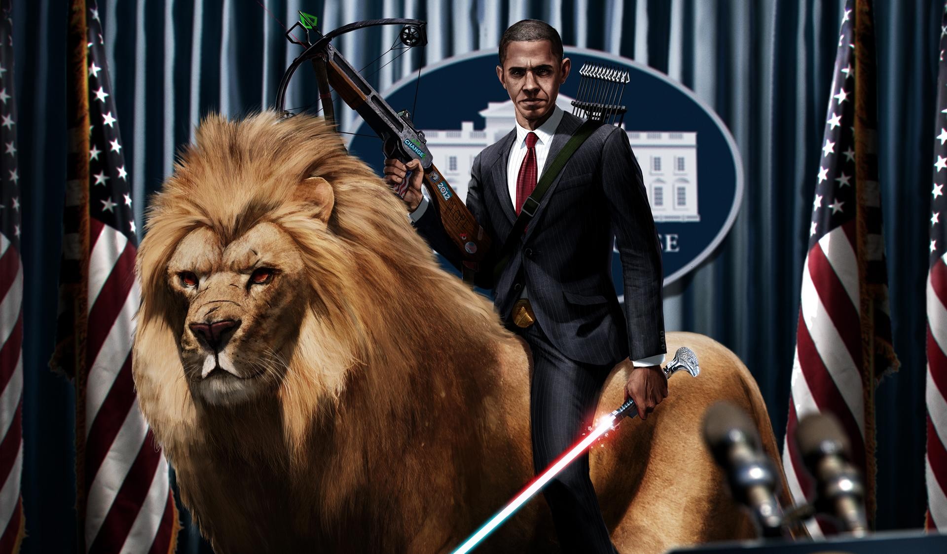General 1920x1123 Barack Obama digital art artwork lightsaber lion crossbow presidents humor flag
